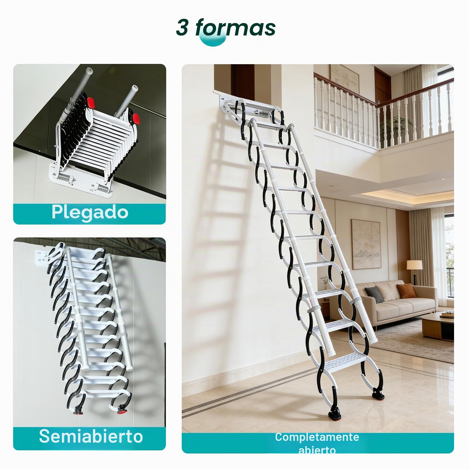 Escalera Plegable de Pared con 2 pasamanos, Escalera Telescópica para Ático Plegable, Capacidad 300 kg, Altura aplicable de 2.69 a 2.79 m (11 escalones)