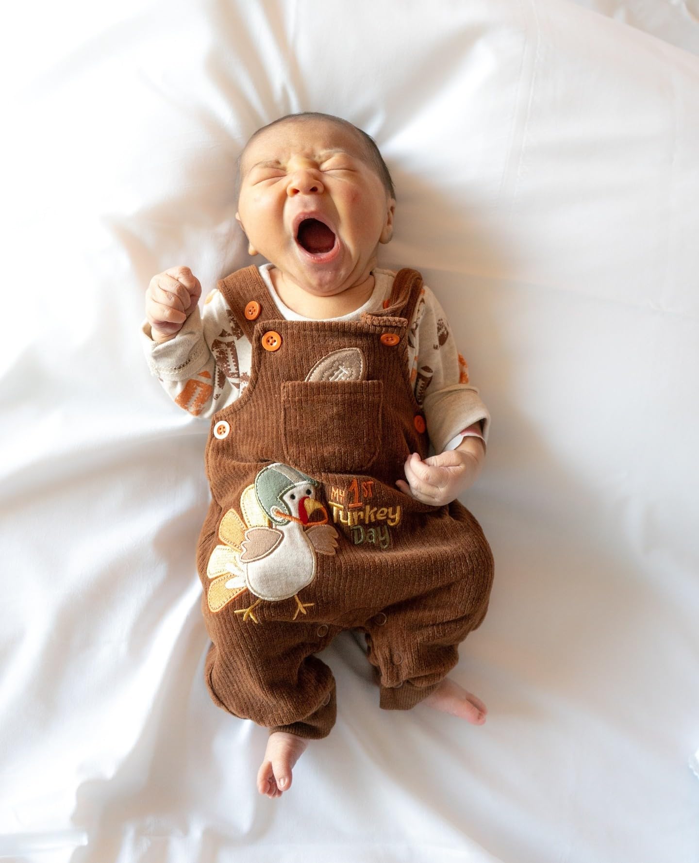 YOKJZJD Newborn Infant Baby Boy Girl Thanksgiving Outfit Turkey Suspender Pants Corduroy Bib Overalls Jumpsuit Fall Clothes (Brown, 0-3 Months)