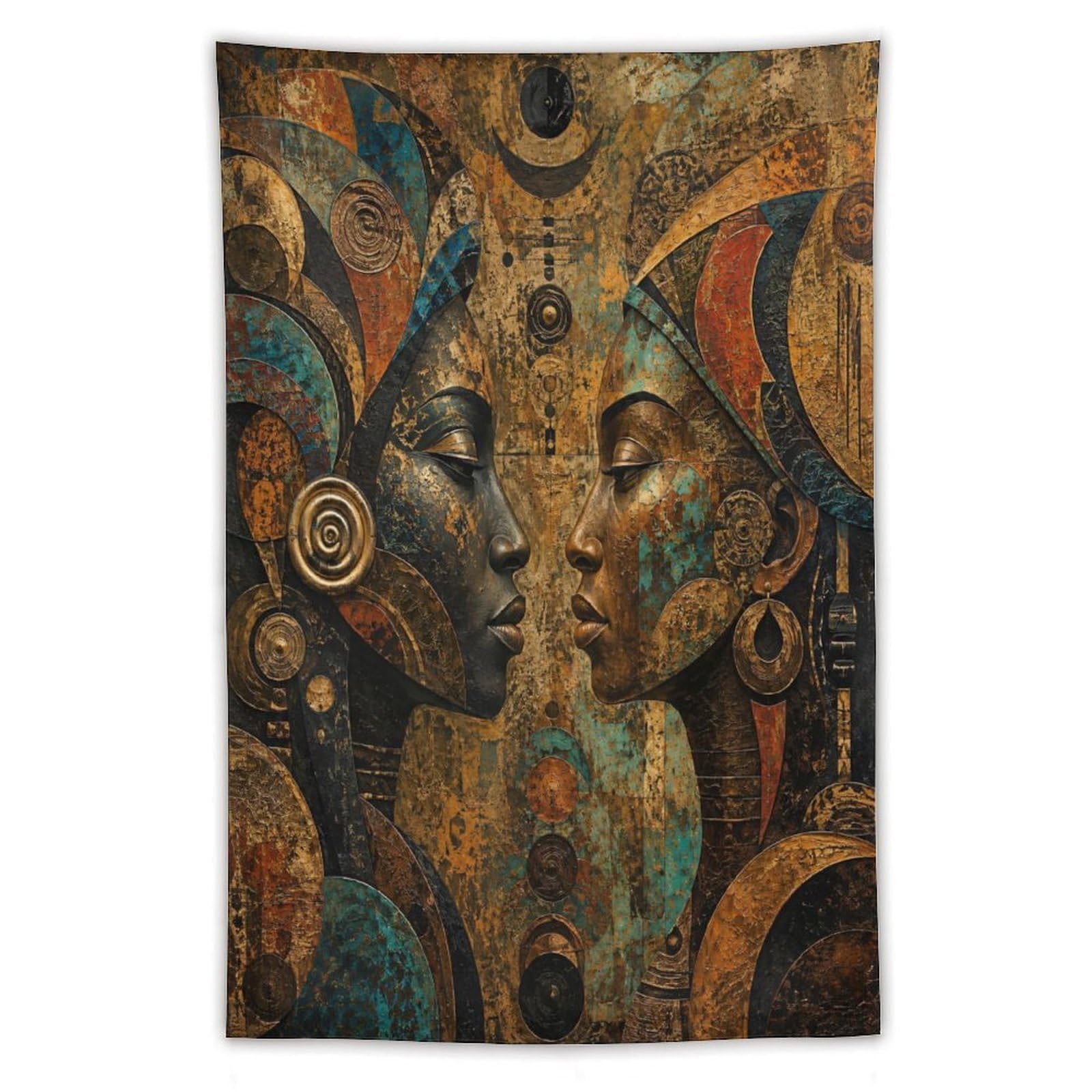 H3B8U2Y5 Abstract African Faces Wall Tapestry, Earth Tone Geometry