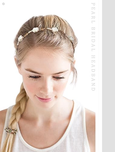 Miniatura 6 de AWAYTR Diadema de metal de oro rosa para mujer, 3 piezas, diadema fina de perlas para niñas, diadema floral para el cabello, aro para el pelo,