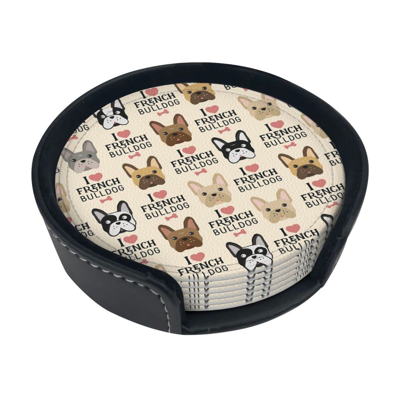 Coasters Set Of 6 I Love French Bulldog Print Leather Coasters For Drinks,Home Décor And Housewarming Gift