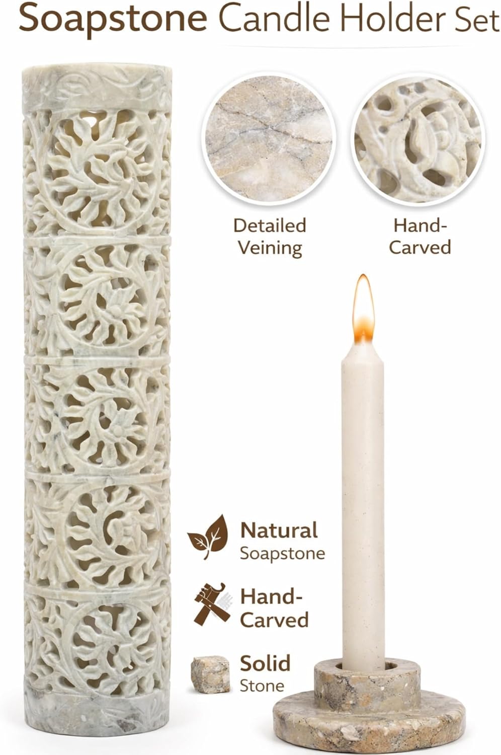 Carry Me Marble Soapstone Incense Stick Holder | Candle Burner | Tea Light Holder - Perfect Handmade Floral Carving for Gifting. Decorative Home and Office Decor.(3 x 3 x 11 Inches)