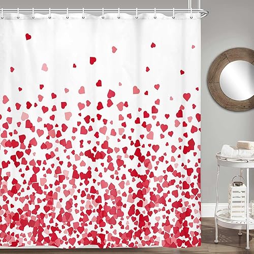 Miniatura 5 de JAWO Cortina de ducha con forma de corazón, para el día de San Valentín, tela de corazón rojo y ganchos, juego de cortina de ducha impermeable para