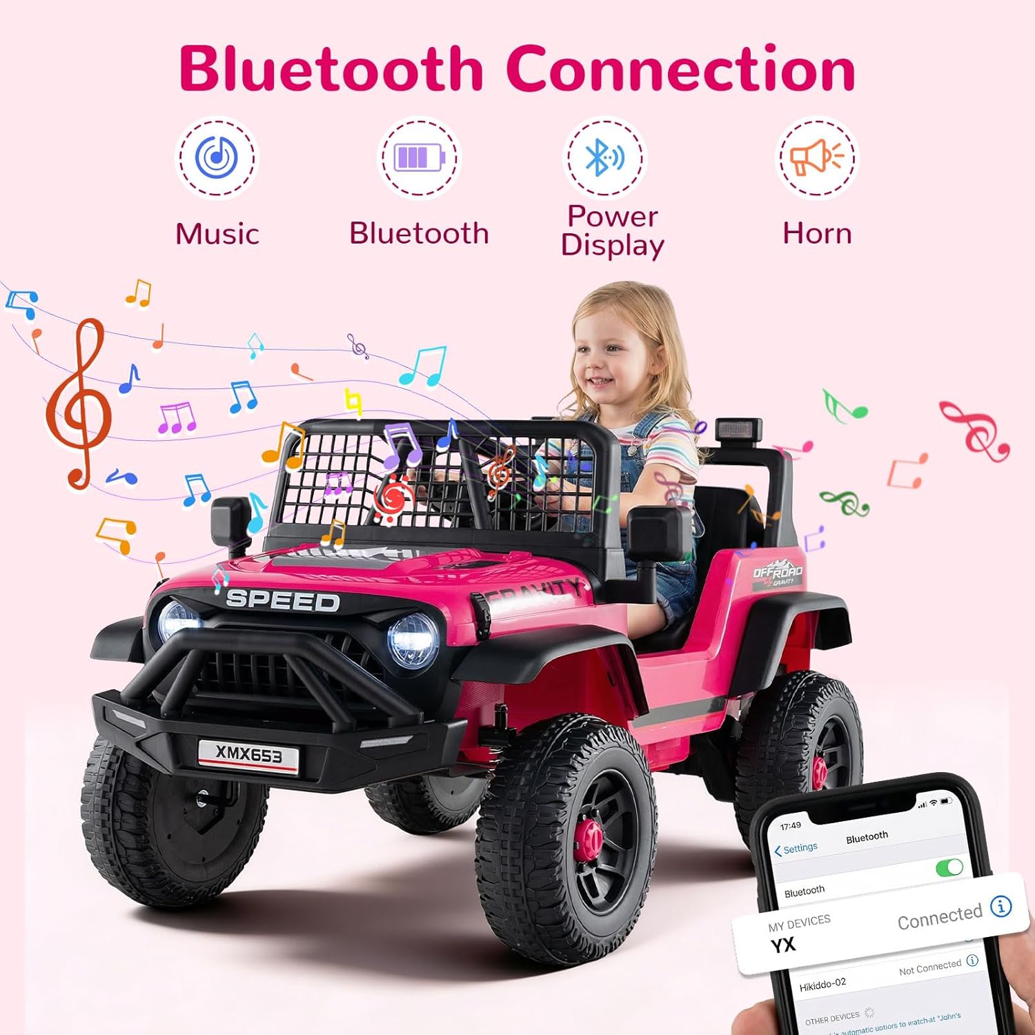 OLAKIDS 24V Ride on Car with Remote Control, Bluetooth, LED Lights, Horn, Spring Suspension, High/Low Speeds, Soft Start for Kids Aged 3+ (Pink)