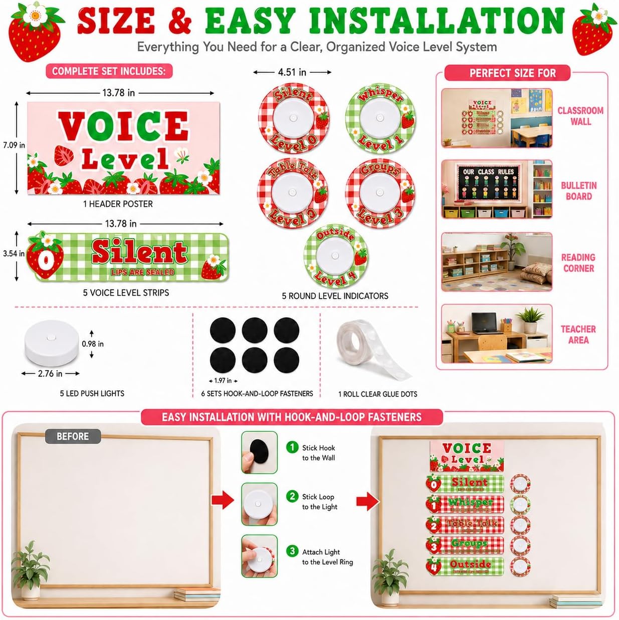 Cinrobiye Strawberry Classroom Decor Voice Level Chart Poster Classroom Management Tool Teacher Resource Noise Level Chart for Elementary School Back to School Decorations image 2