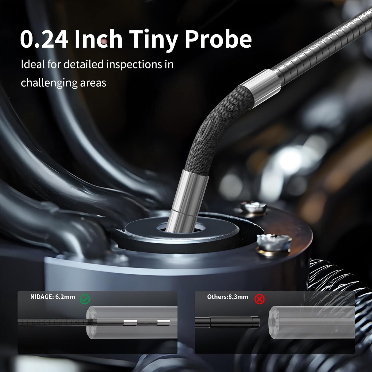 NIDAGE Two-Way Articulating Endoscope Camera with Light, Industrial Borescope with 0.24in Articulated Snake Inspection Camera, Flexible Fiber Optic Scope Cam for Automotive Aircraft Mechanics, 5.2FT - Image 4