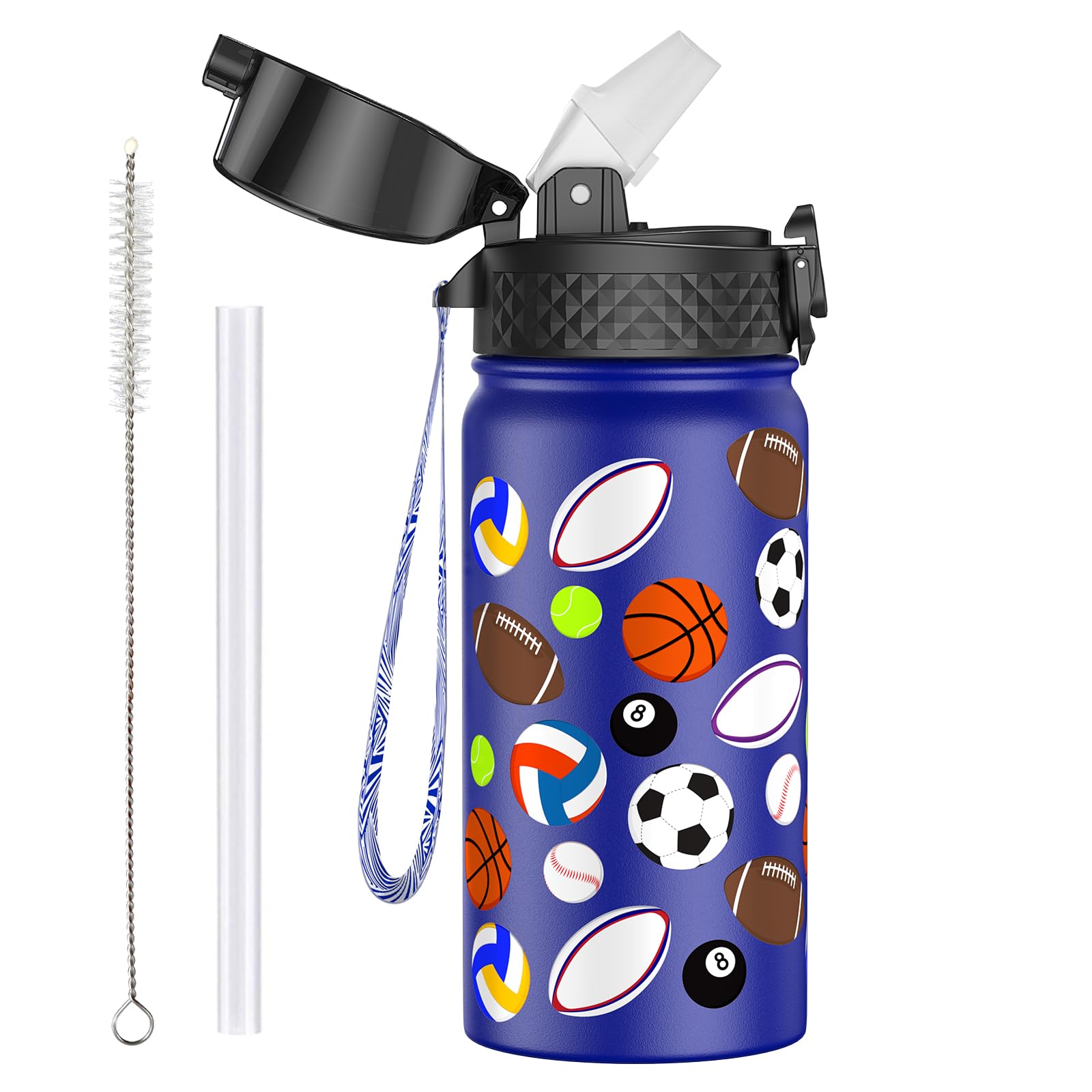 OLDLEY 420ml/14oz Kids Stainless Steel Water Bottle with Straw for School Insulated Metal Water Bottles Leakproof Reusable Double Wall Vacuum Small Flask Keep Drinks Hot Cold for Boys Girls (Ball)