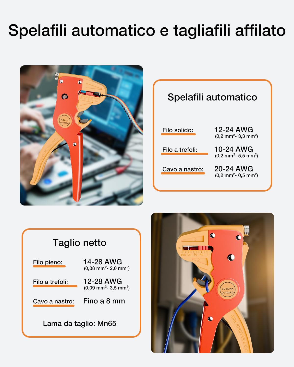 VCELINK Pinza Spelafili Automatica 2 in 1 Lama Mn65 Spelatura 0,2-6 mm² Taglio 0,08-8 mm Rosso/Arancione