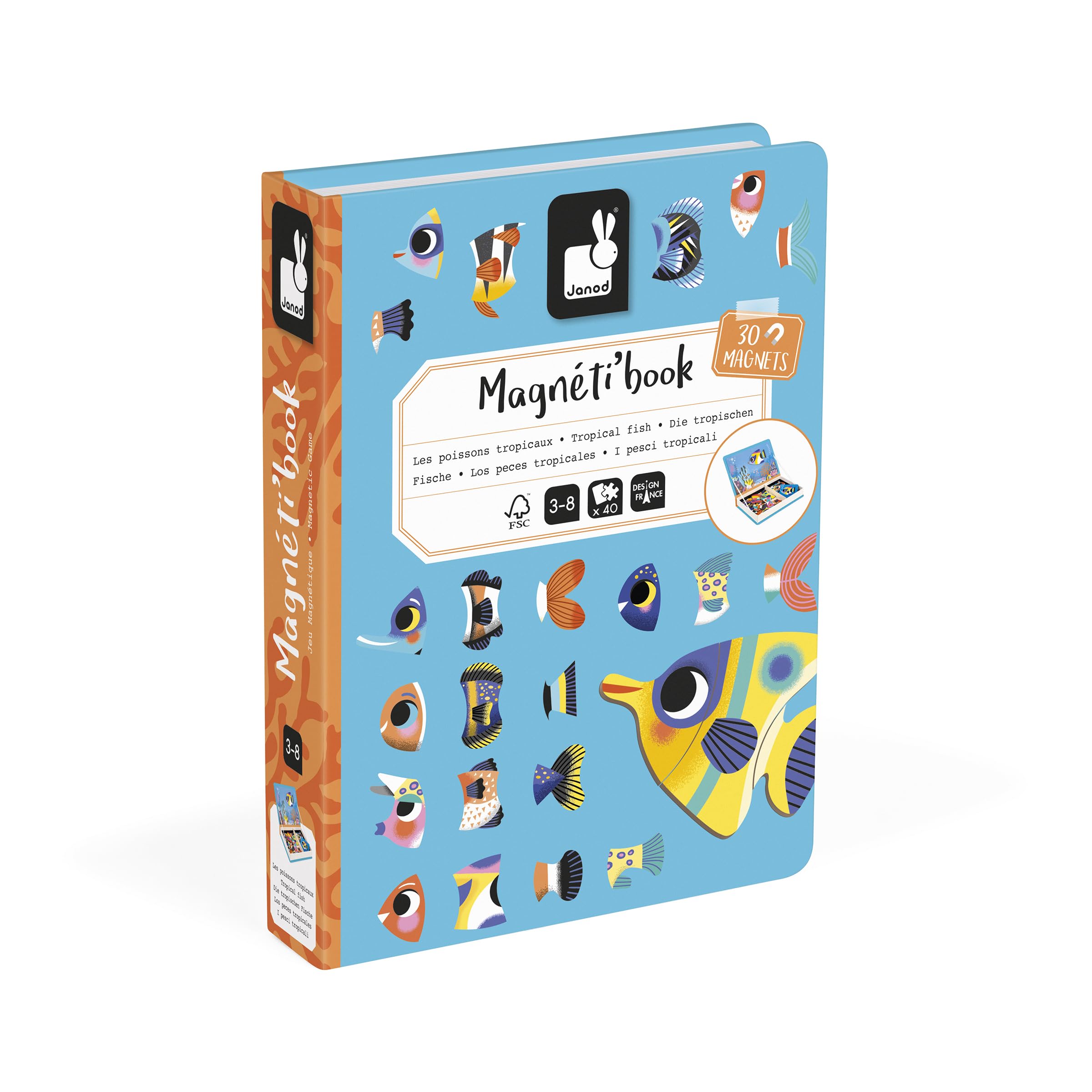 Janod - Magnéti'Book Pesci Tropicali - Gioco educativo Magnetico 30 magneti + 10 Modelli - Giocattolo per Bambini in Cartone FSC - Sviluppa la destrezza e l'immaginazione - dai 3 Anni
