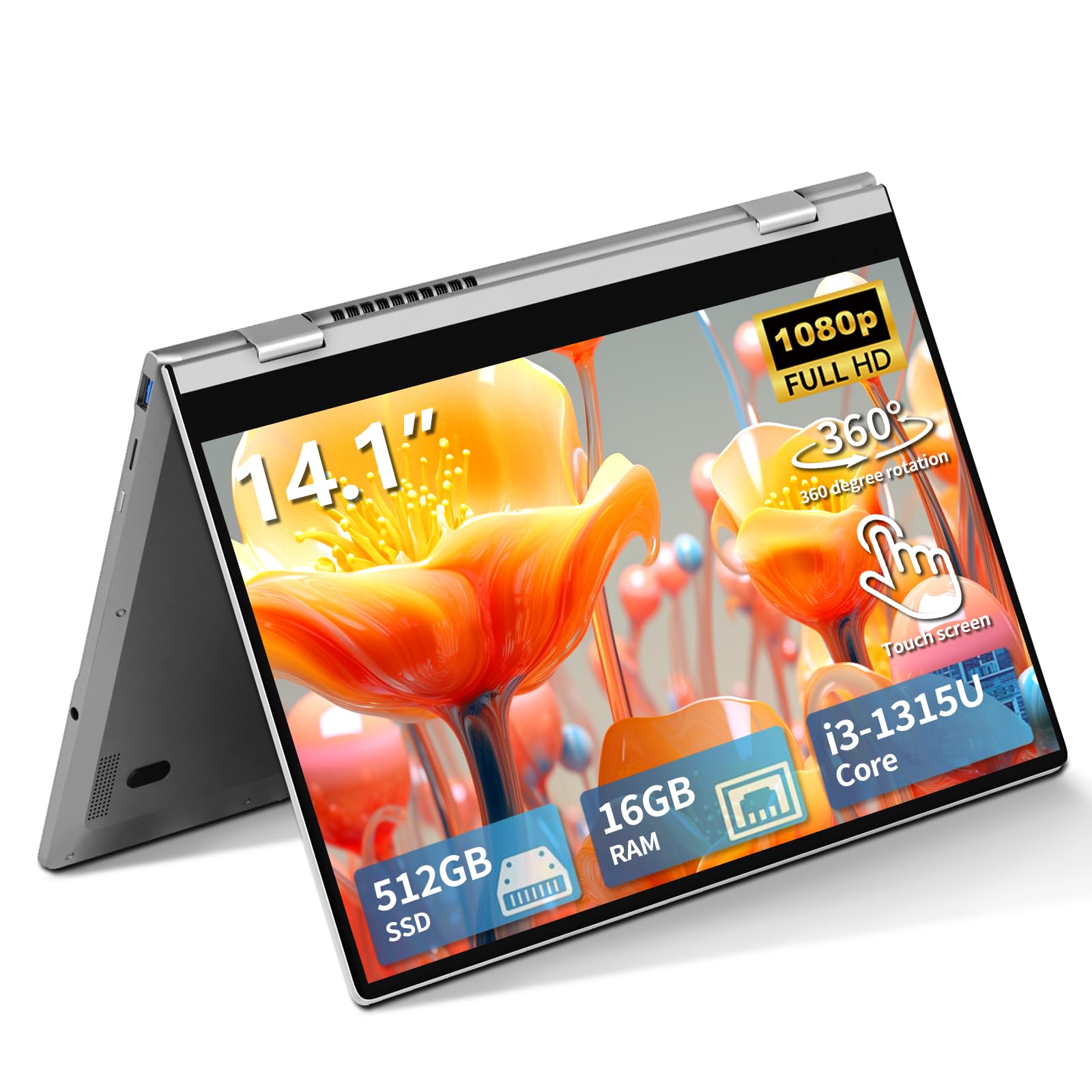 14,1" Ordenador Portátil 2 en 1, Windows 11 PC Portátil Core i3-1315U CPU, Portatil 16GB RAM 512GB SSD, Laptop con Teclado Retroiluminado+Desbloqueo Por Huella Dactilar, Pantalla Táctil Giro de 360°