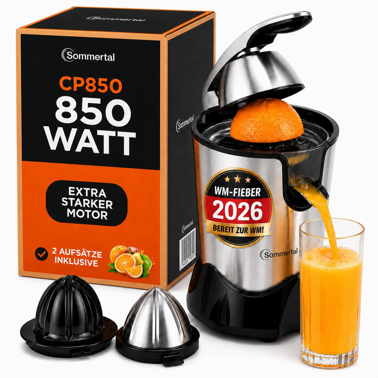 Sommertal CP850 Saftpresse elektrisch, 850W Motor, hohe Saftausbeute, Edelstahl, BPA-frei, 400ml Saftbehälter, 2 Kegel, Zitronenpresse, Orangenpresse, Zitruspresse elektrisch, Hebel & Handbetrieb