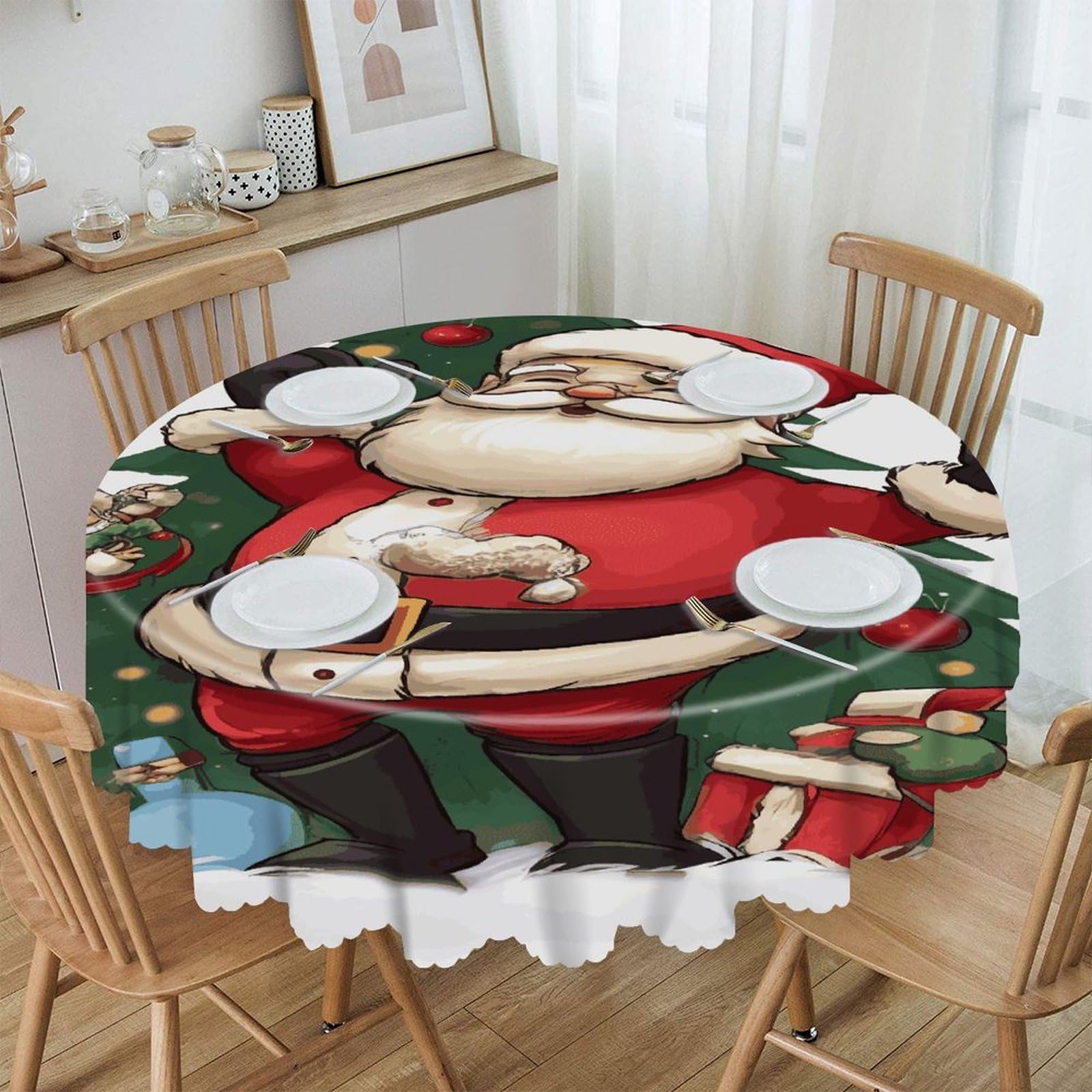 JTREHY Merry Christmas Round Tablecloth 60 Inch Water Resistant Spill Proof Washable Polyester Table Cloth Wipeable Washable Table Cover for Buffet Tables Holiday Party Dinner