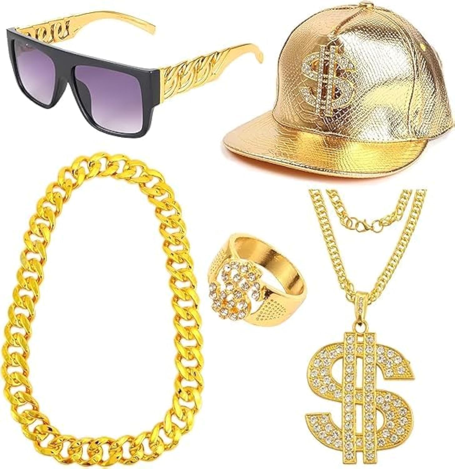 80s 90s Hip Hop Costumes Outfit for Men Gold Chain Money Chain Dollar Sign Baseball Cap Punk Sunglasses Rapper Accessories, One Size