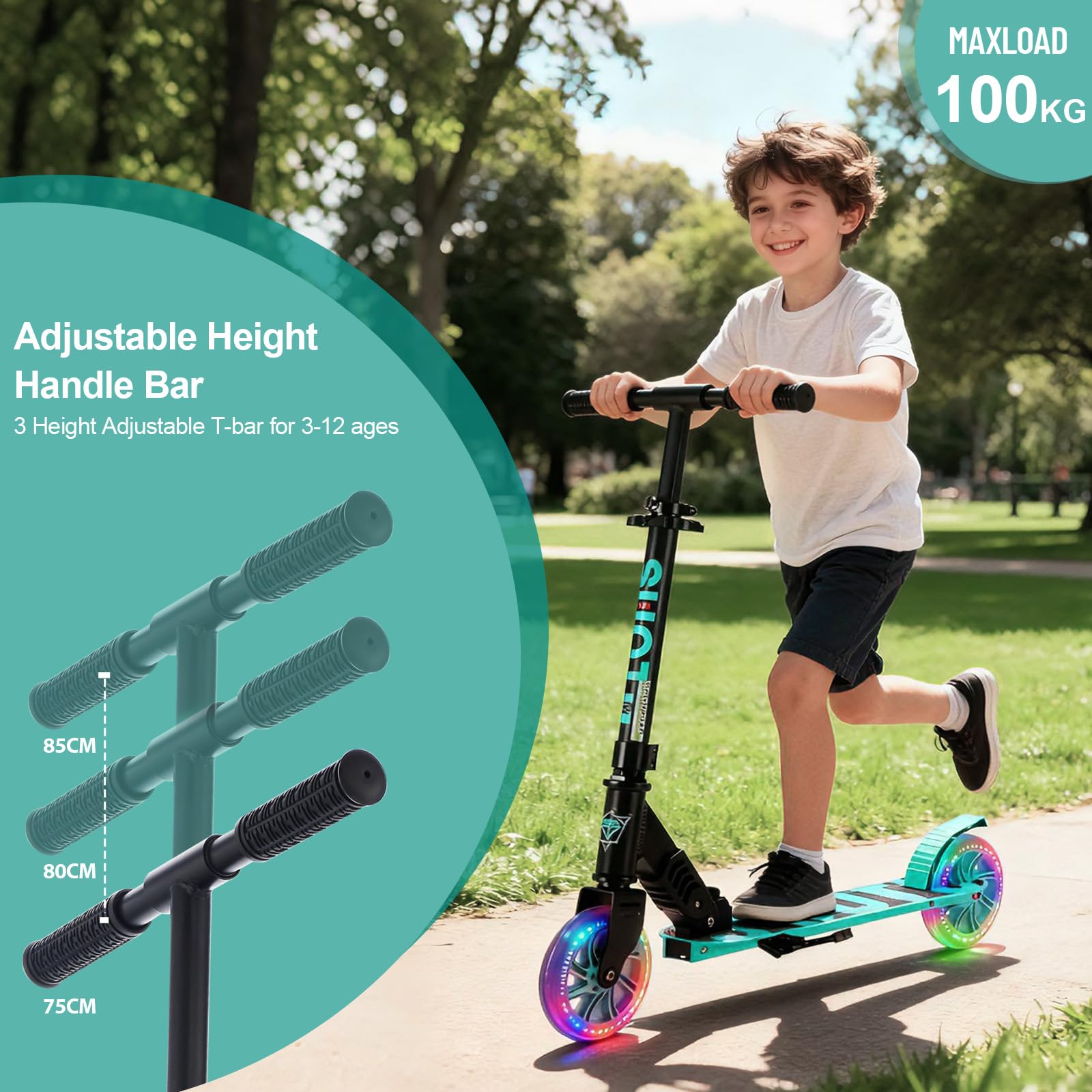 SUOTU Patinete Niño con Grandes Ruedas Iluminadas de 145 mm, Carga Máxima: 100 kg, Scooter para Niños de 3 a 12 Años, Plegable, Volante Ajustable Altura, Aluminio — view 4