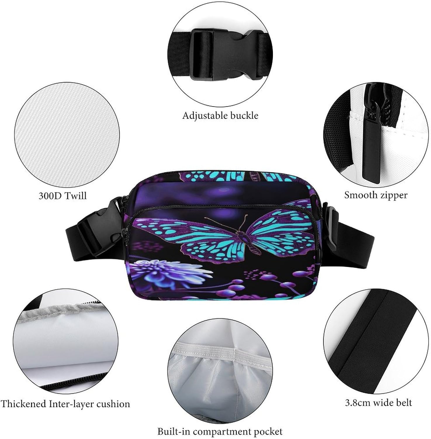 Purple Butterfly And Flowers Fanny Pack Belt Bag with Adjustable Strap Fashion Waist Bag for Outdoor Sports Hiking
