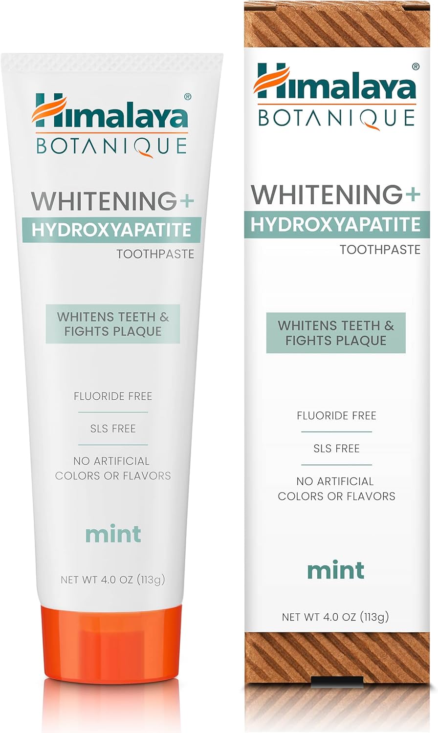 Himalaya Botanique Whitening + Hydroxyapatite Toothpaste, Mint Flavor - Nano Hydroxyapatite to Support Remineralization and Restore Enamel to Strengthen Teeth - Vegan, Gluten Free, 4 oz (Pack of 2)