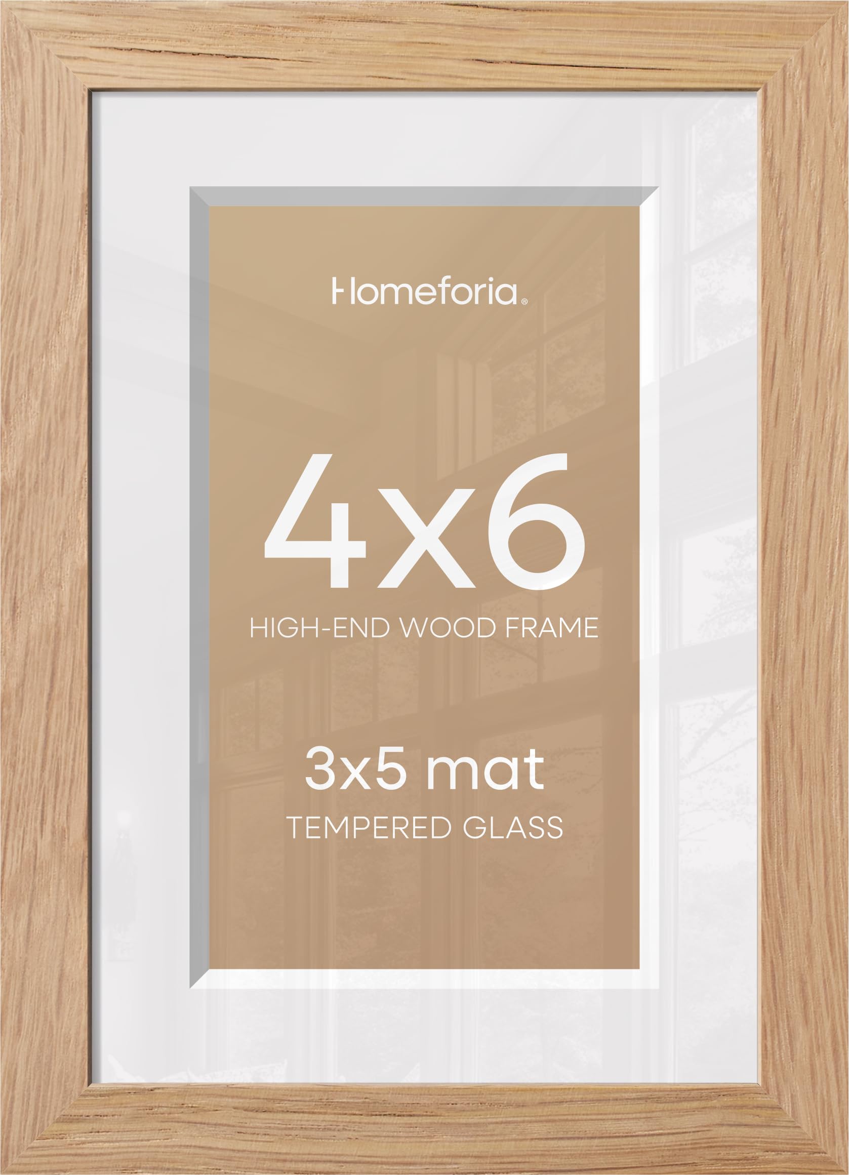 Homeforia 4x6 Natural Oak Picture Frame, High-End Wood, 3x5 Mat, Glass | High End Solid Oak Wood, Tempered Glass, Acid-Free 3x5 Removable Mat, 4x6 Edge-to-Edge Display 6x4, Wall Kit, Set Of 3