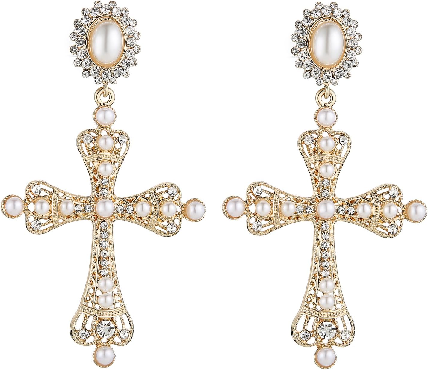 HZMAN Sparkling Large Gold-plated Cross Pendant Earrings, Retro Byzantine Baroque Style Pearl Earrings, Ball Jewelry