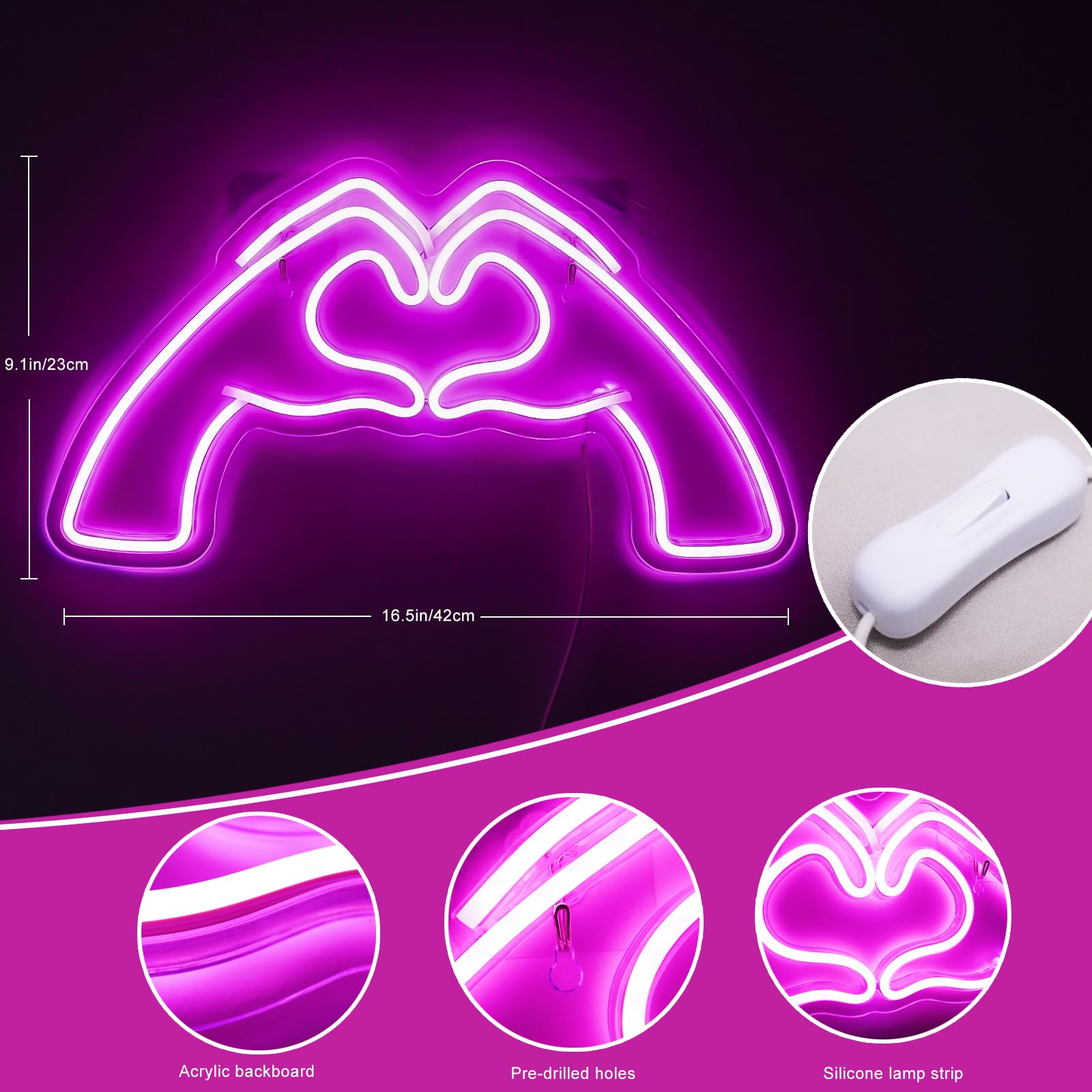 Neonschild mit Herz-Händen, rosa Raumdekoration, Licht mit Dimmer und USB, LED-Wandkunst für Musikliebhaber, Schlafzimmer, Spielzimmer, Bar, Party, Hochzeit, Geburtstag,