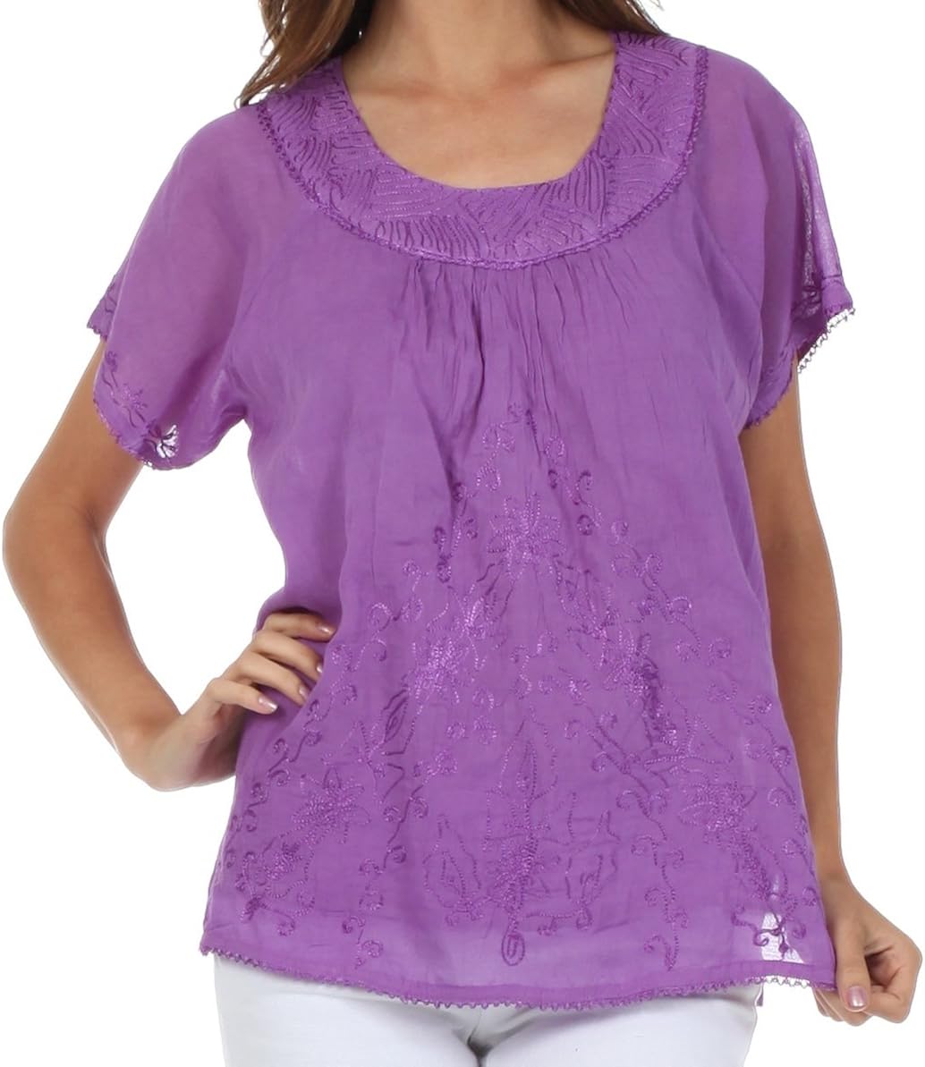Sakkas Embroidered 100% Cotton Scoop Neck Semi-Sheer Short Sleeve Gauzy Top/Blouse