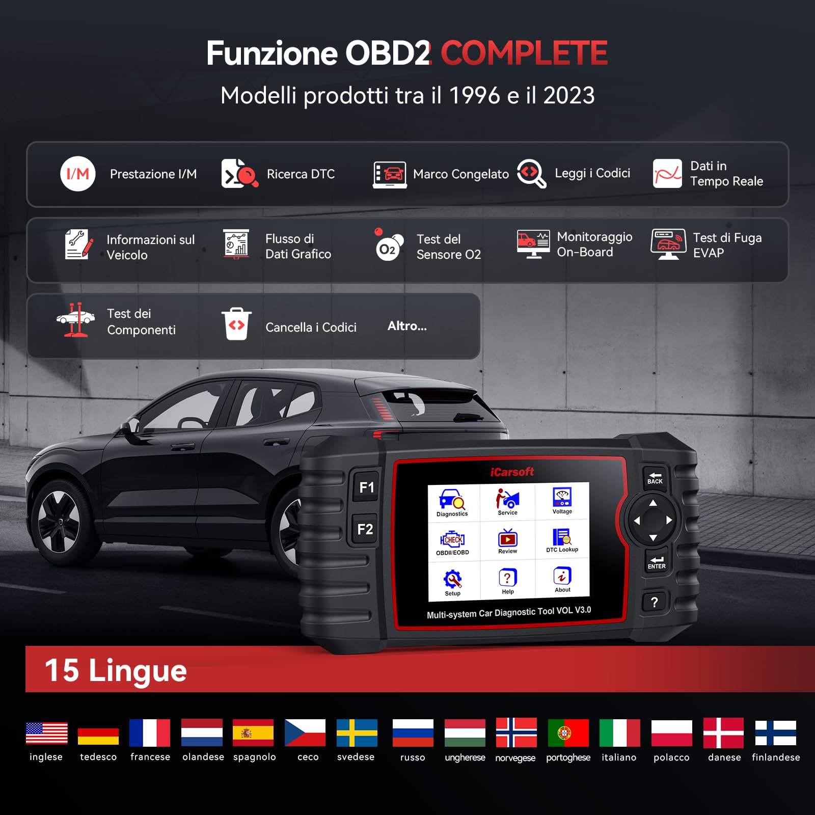 iCarsoft Vol V3.0 OBD2 Auto Diagnostica per Volvo/Saab, Diagnosi Auto Professionale in Italiano per Tutti i Sistemi, 39 Funzioni di Ripristino, Test Bidirezionale, Auto Vin, Aggiornamento a Vita