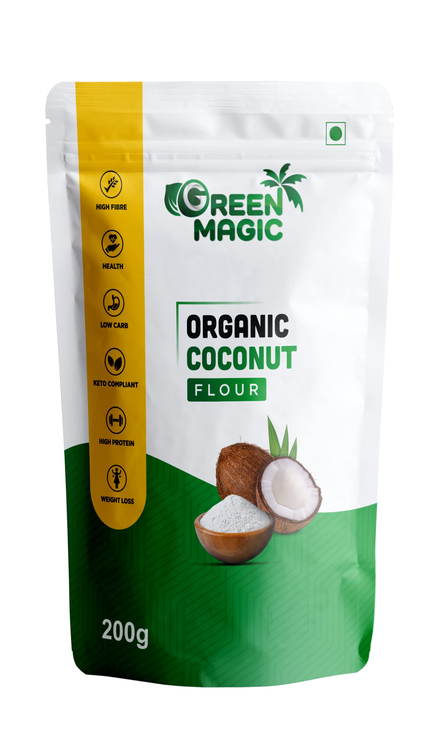 green magic fresh coconut flour | Free TCW|Organic | 100% Naturals | Baking | Cooking | Fiber & Protien Rich | Low Fat | 200 grams (Pack of 3)