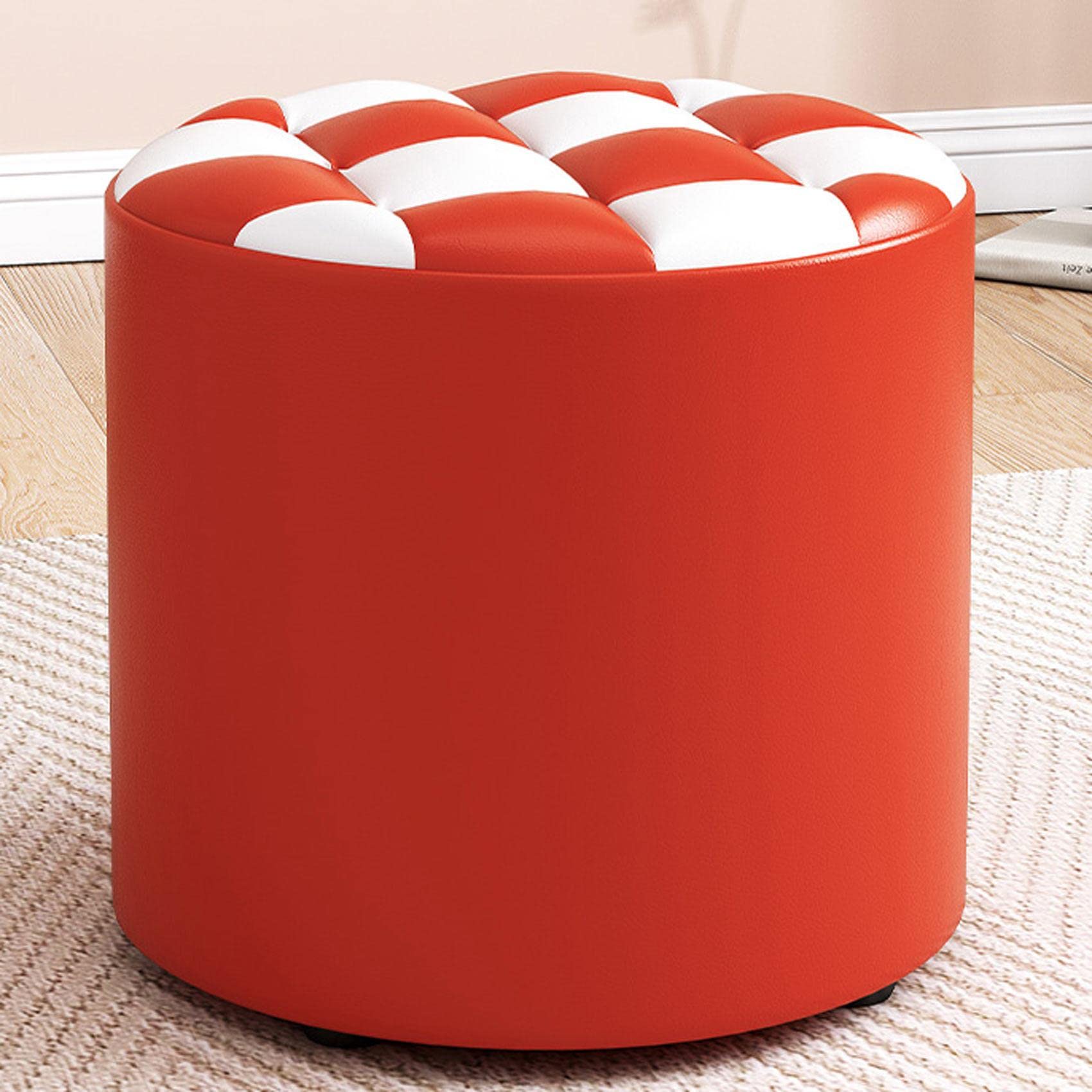 Round Leather Foot Stool for Living Room and Bedroom Red and White 31x28cm