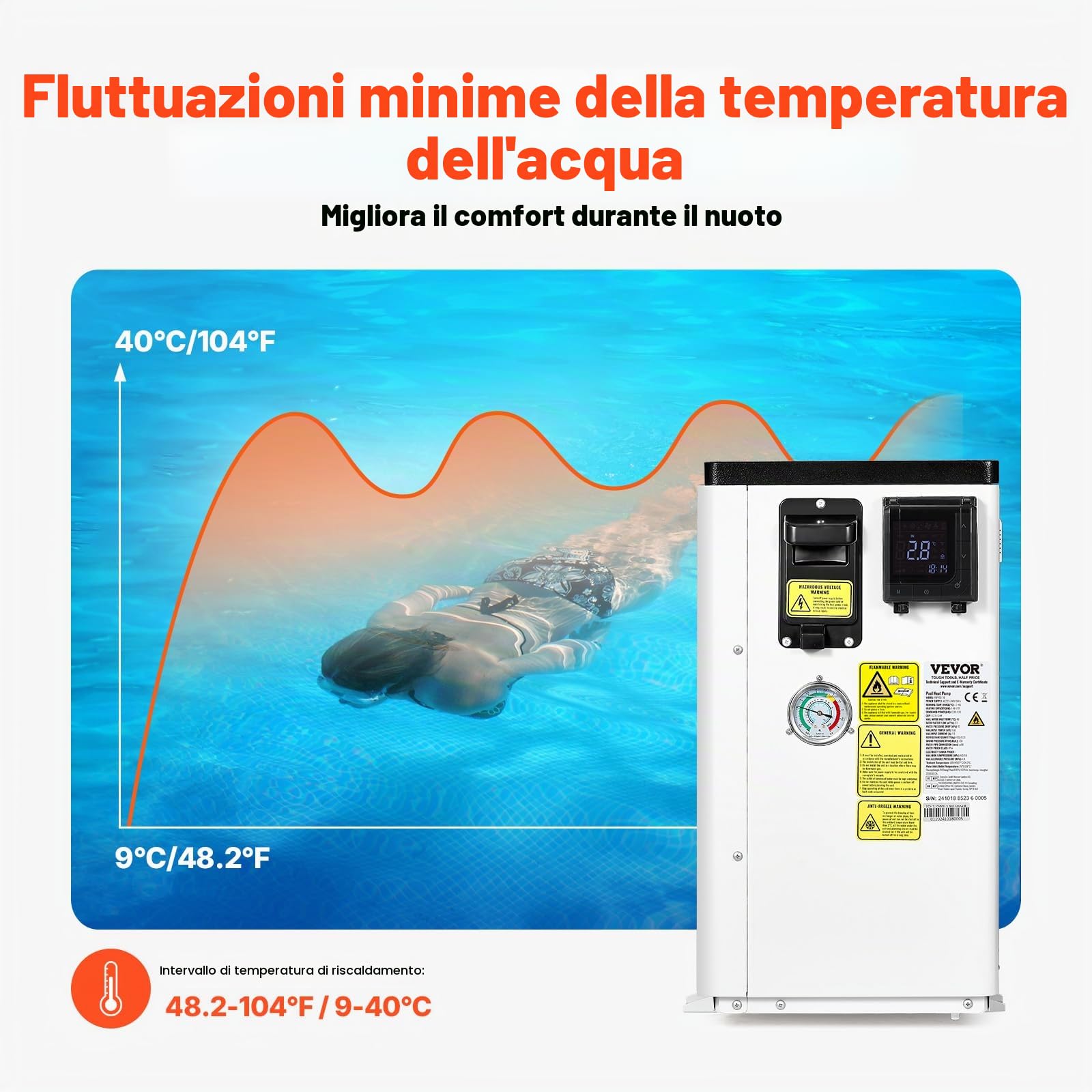 VEVOR Pompa di Calore Elettrica per Piscina, capacità 1,48-7,11 kW, Riscaldatori Frequenza Variabile a Risparmio Energetico Piscine Fuori Terra 15-30 m³, Riscaldamento Scaldabagno AC 220-240 V 50 Hz