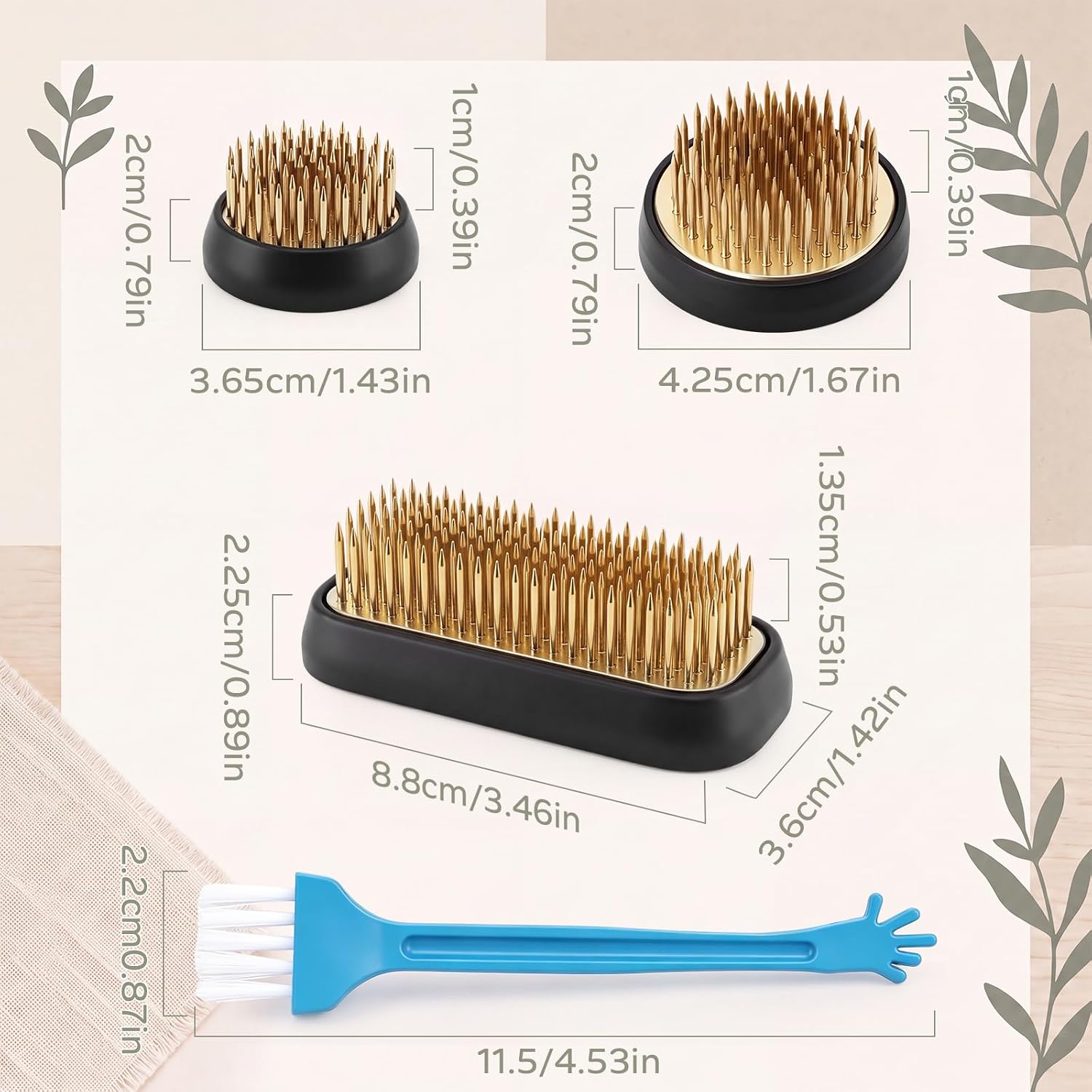 Rtteri 7 Pcs Stainless Steel Flower Frogs Set with Rubber Base, Cleaning Brush, Floral Pin Holder, Floral Frog for Arrangements Japanese Kenzan Ikebana, DIY Flower Craft(Gold)