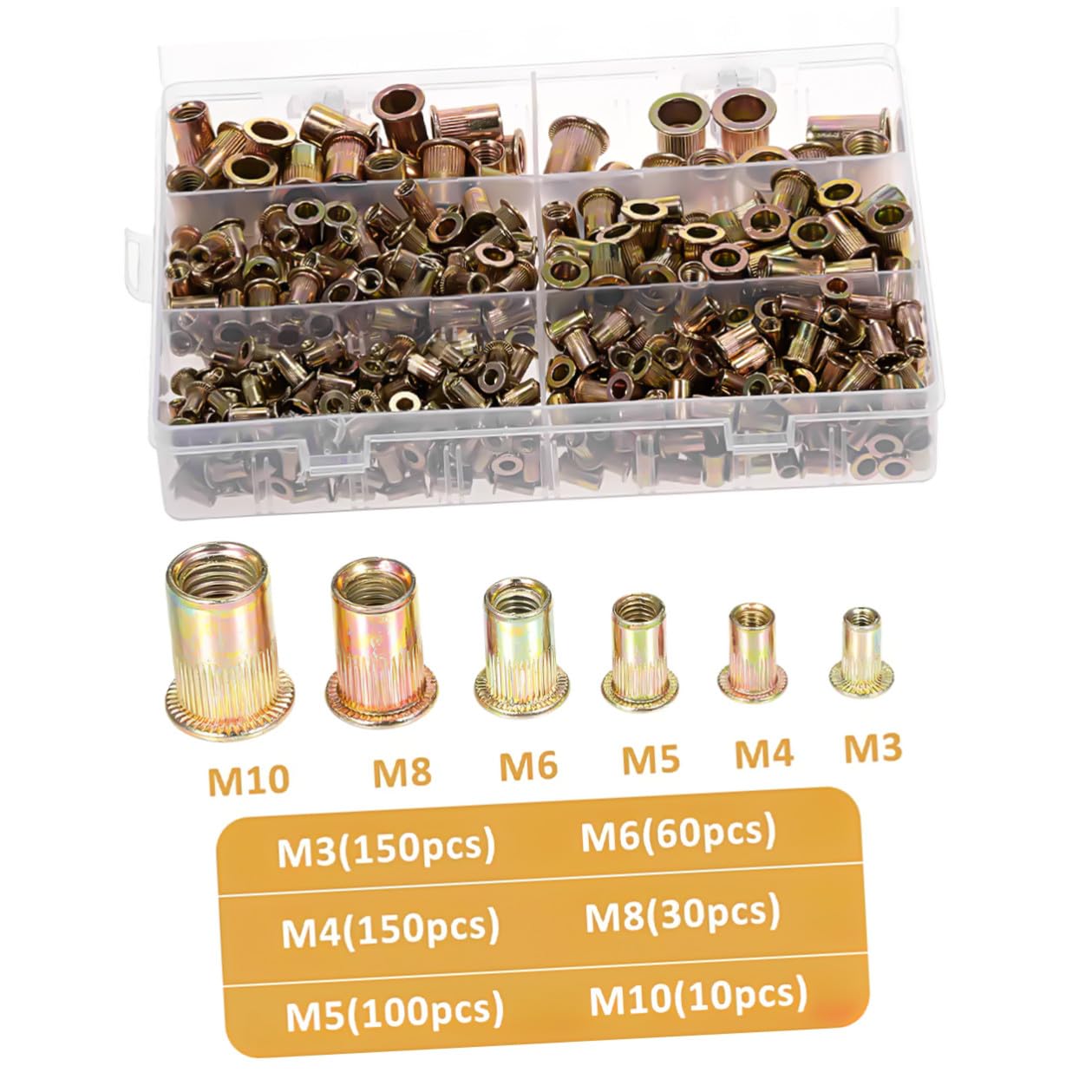Luxshiny 500 Pcs Carbon Steel Rivet Nuts Threaded Inserts Kit M3 M4 M5 M6 M8 M10 with Assorted Sizes for Metal Fastening and Industrial Assembly