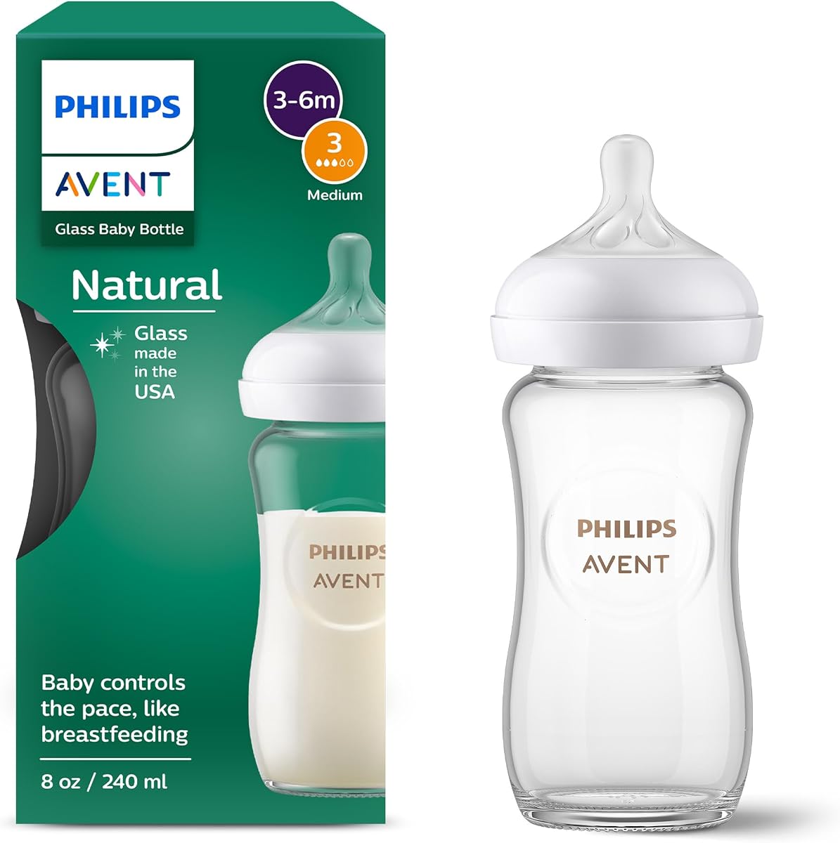 Biberón de vidrio natural Philips Avent, flujo medio, 8 oz, sin BPA | Vidrio de borosilicato, flujo controlado por el bebé, diseño sin goteo, reduce los cólicos y los gases con válvula anticólicos, 1 paquete, SCY913/01