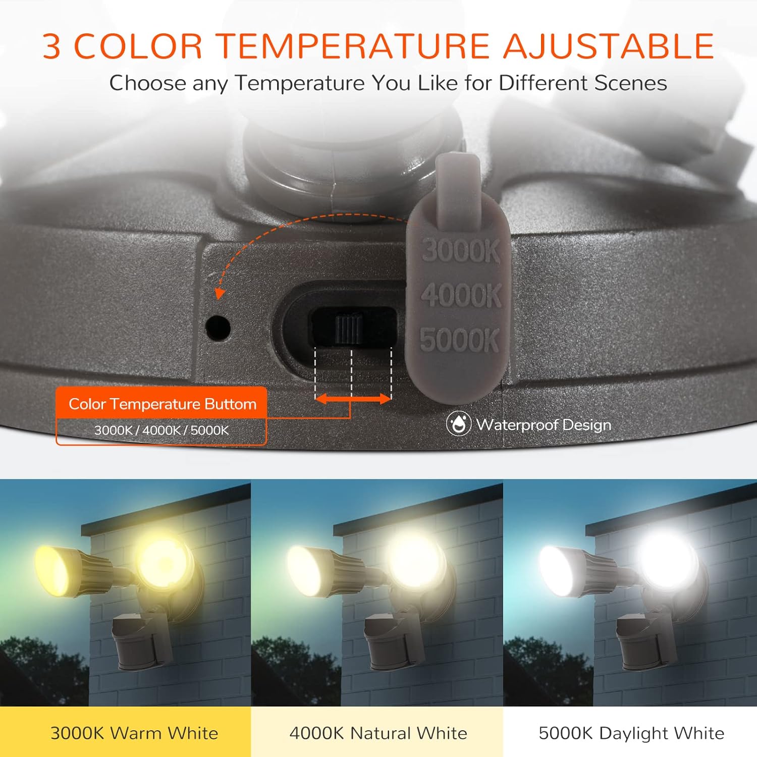 JJC 3CCT Selectable LED Security Flood Light Outdoor Motion Sensor, 3000LM 27.5W (120W Equiv.) 3000K/4000K/5000K Adjustable Color Changing, IP65 Waterproof Brown