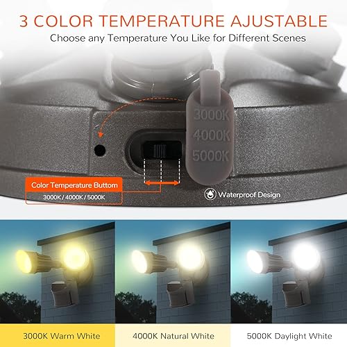 Miniatura 2 de JJC - Luces LED de seguridad con 3CCT seleccionable, para exteriores con sensor de movimiento, 2500lm, 25W (igual a 140W) 3000K4000K5000K, color