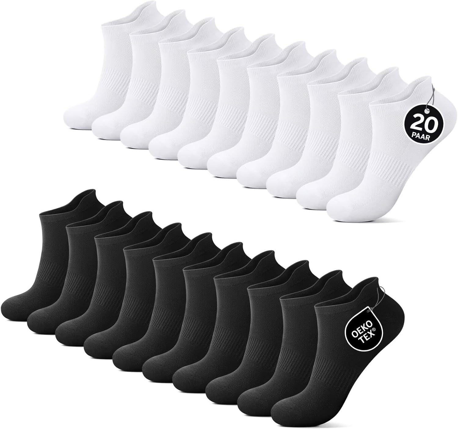 YouShow 10/20 Paar Sneaker Socken Herren Damen Atmungsaktive Kurz Socken | Gekämmte Baumwolle Laufsocken Unisex, Verlängerte Ferse, Bequem und Weich, OEKO-TEX, Sport & Alltag, Schwarz Weiß Grau 35-50