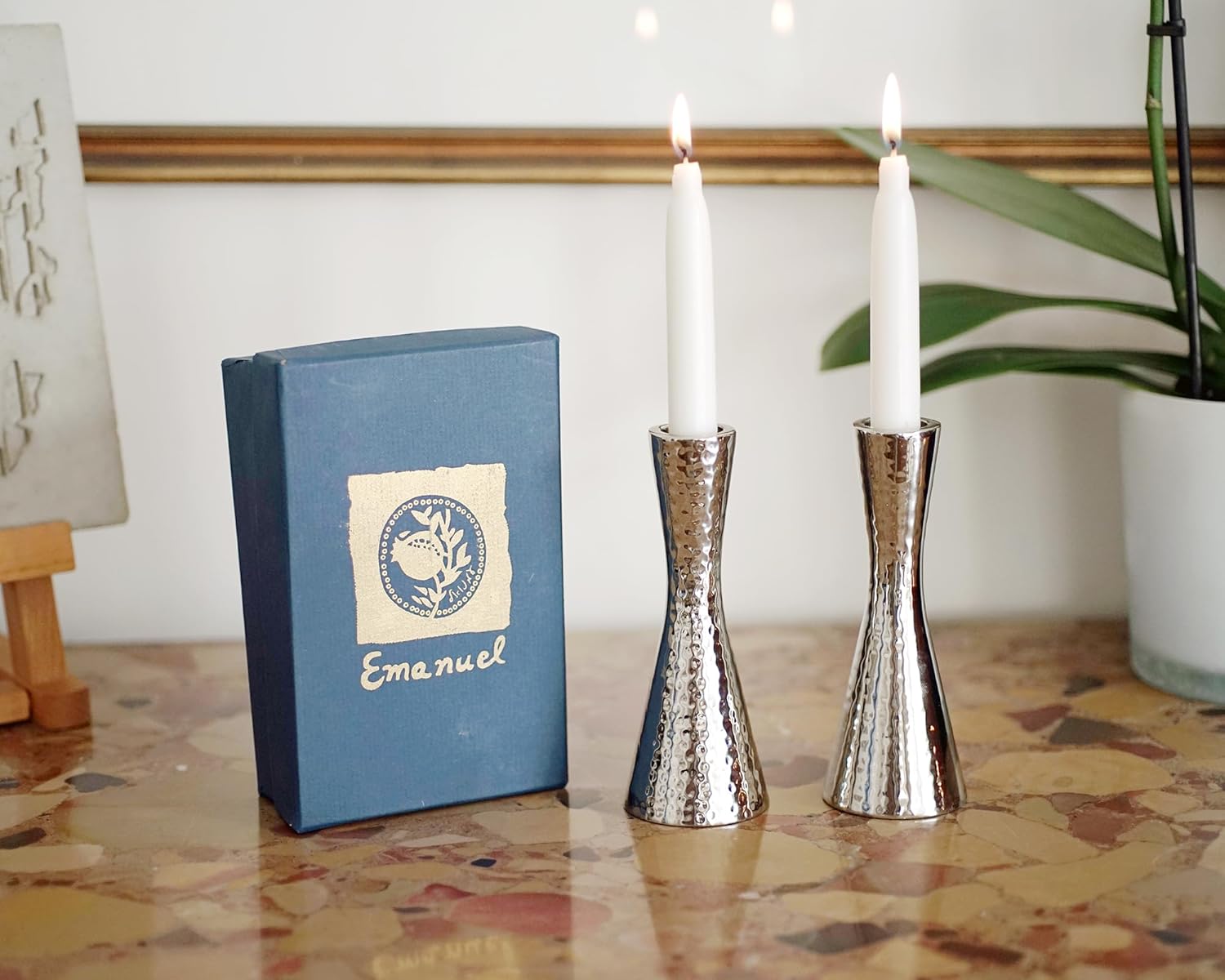 Yair Emanuel Modern Hammered Pillar Candle Holders | Shabbat Candlestick Holders | Minimal Tapered Design (Medium 5.7" CD-1)