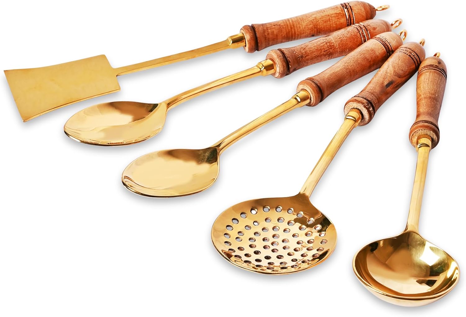 Pure Brass Spoon Set of 5 Traditional Pital Cooking and Serving Utensils with Ladle, Spatula, and Salad Spoon, Golden Finish