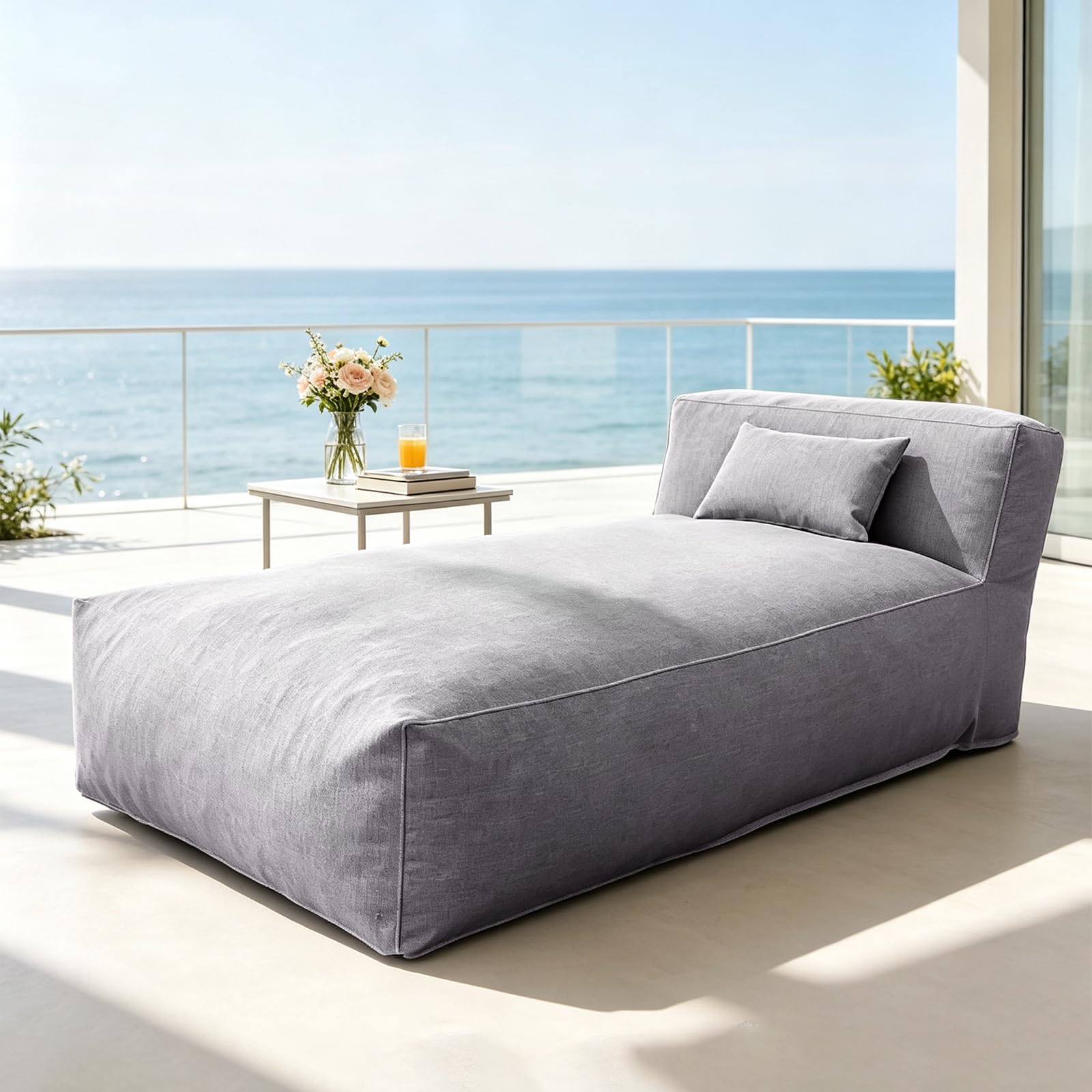 Funda para puf de exterior en forma de cama (sin relleno), funda de asiento de lino y algodón resistente al agua para piscina, patio y jardín, solo funda de repuesto (beige polvo)