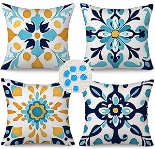 Waterproof Outdoor Pillow Covers 18x18 Pack of 4 Boho Blue Floral Printed Throw Outdoor Pillows for Garden Funiture Patio Home