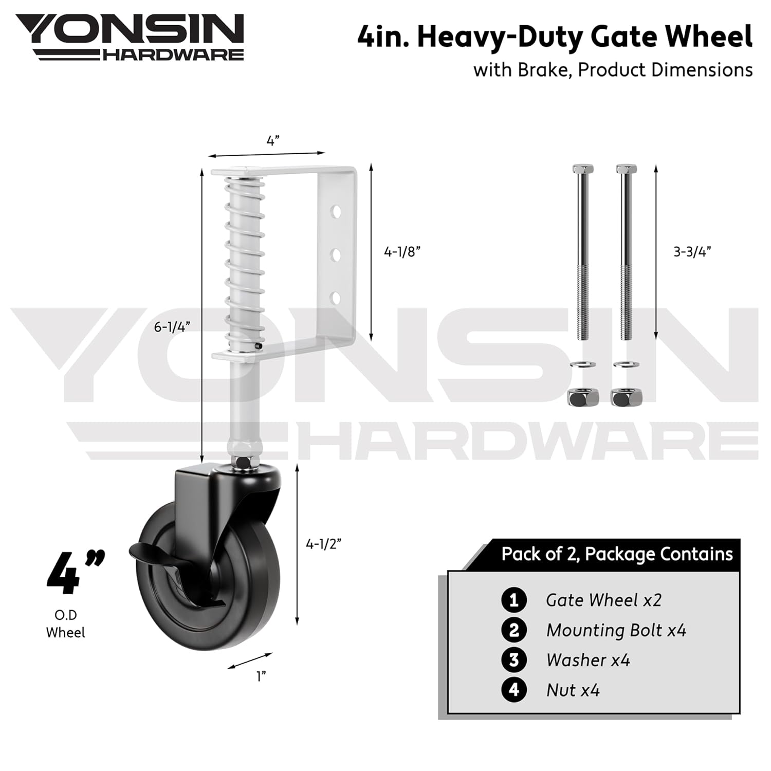 4" Heavy Duty Spring Loaded Gate Caster Wheel with Side Brake, Drag Gate Wheels with 360° Swivel for Wooden Gate Fence, Metal Tube Gate, Anti Sag Gate Kit, 200 Lbs Capacity, 2 Pcs, White