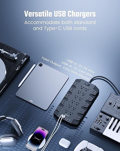 Miniatura 4 de SUPERDANNY 2100J - Protector de sobretensiones con 22 tomacorrientes, 2 USB-C y 4 USB-A, cable de extensión resistente de enchufe plano de 6.5 pies