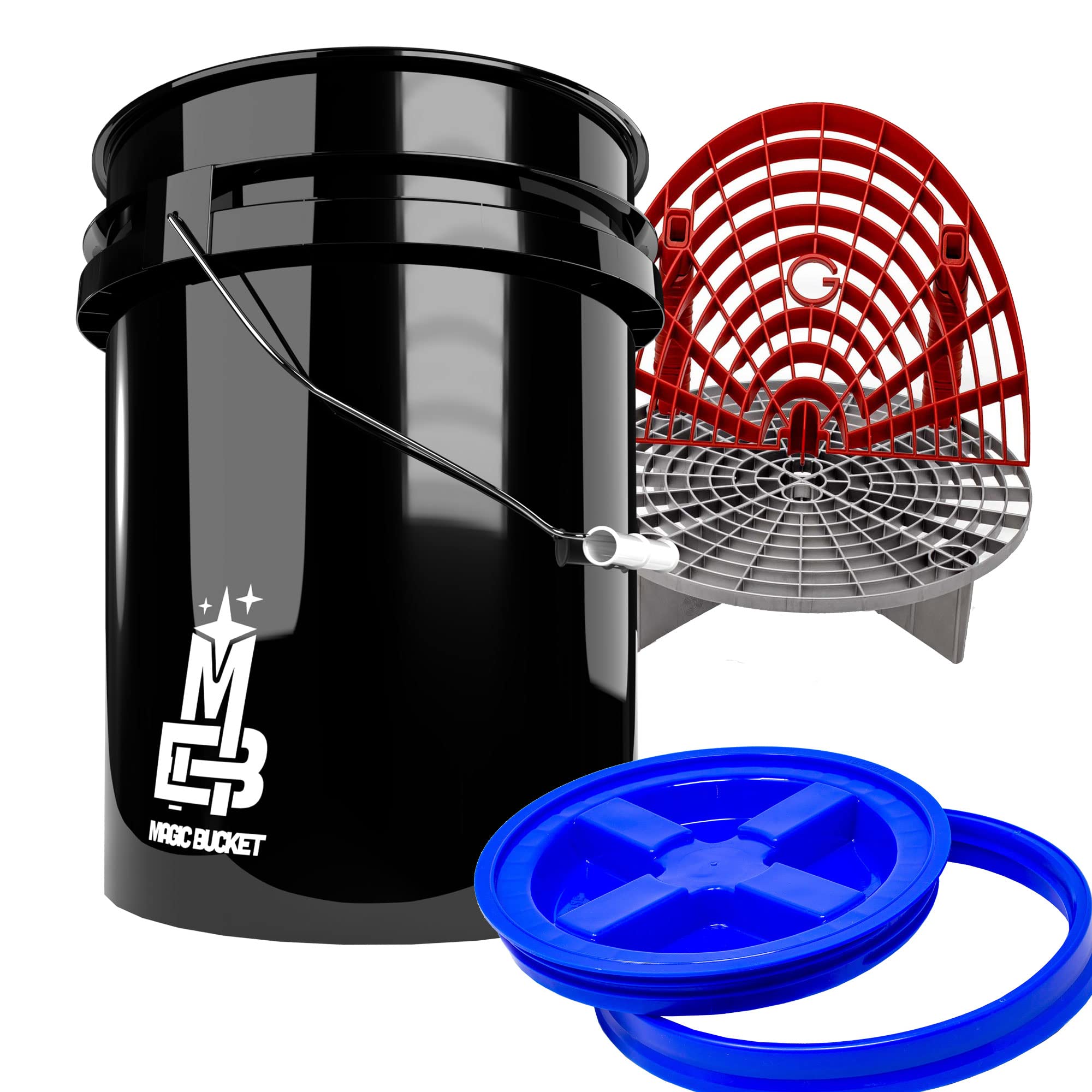 Detailmate - Set di secchi professionali da GritGuard: 5 GAL (circa 20 litri) / coperchio per secchio/inserto / Washboard argento + WB rosso blu