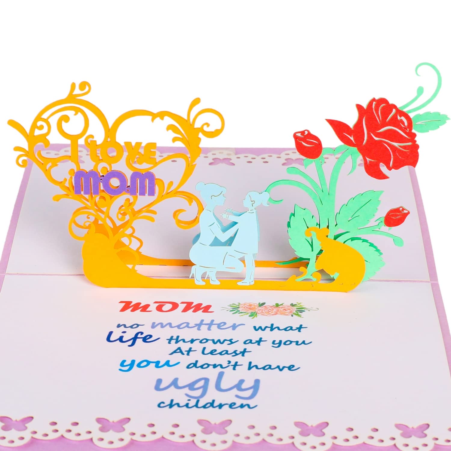 CUTE POPUP Birthday Mom Pop Up Card - I love Mom- Touching And Surprising Pop Up Mothers Day Card, Send Your Best Wishes To Your Mothers, Stepmom, Wife, Daughter, Grandma Or Sister.