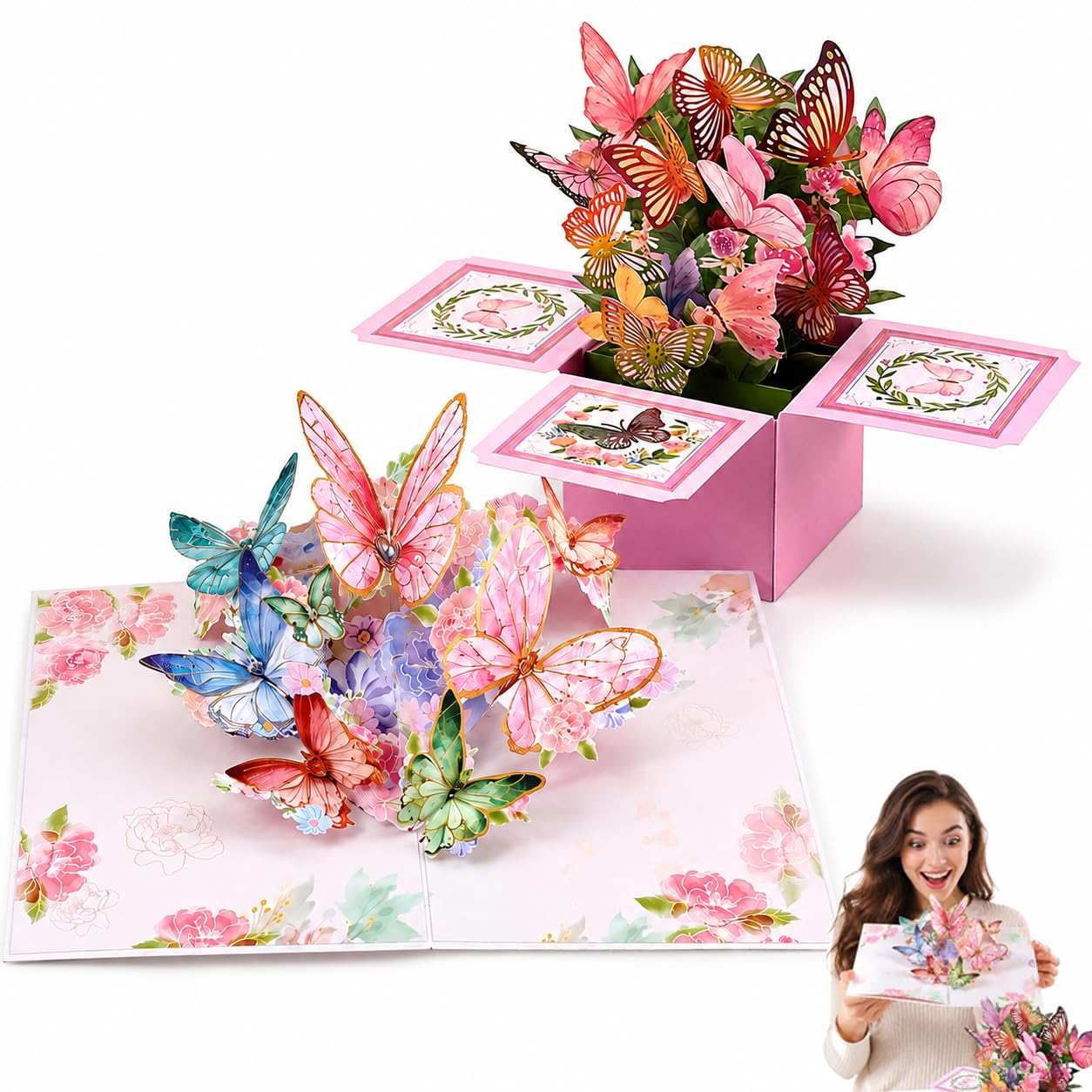 2Pcs Pop Up Card Butterflies on Flowers, 3D Birthday Card for Women, Butterfly Flower Greeting Cards with Envelope, Happy Birthday Cards for Thank Teacher, Mother’s Day, Anniversary, Celebration