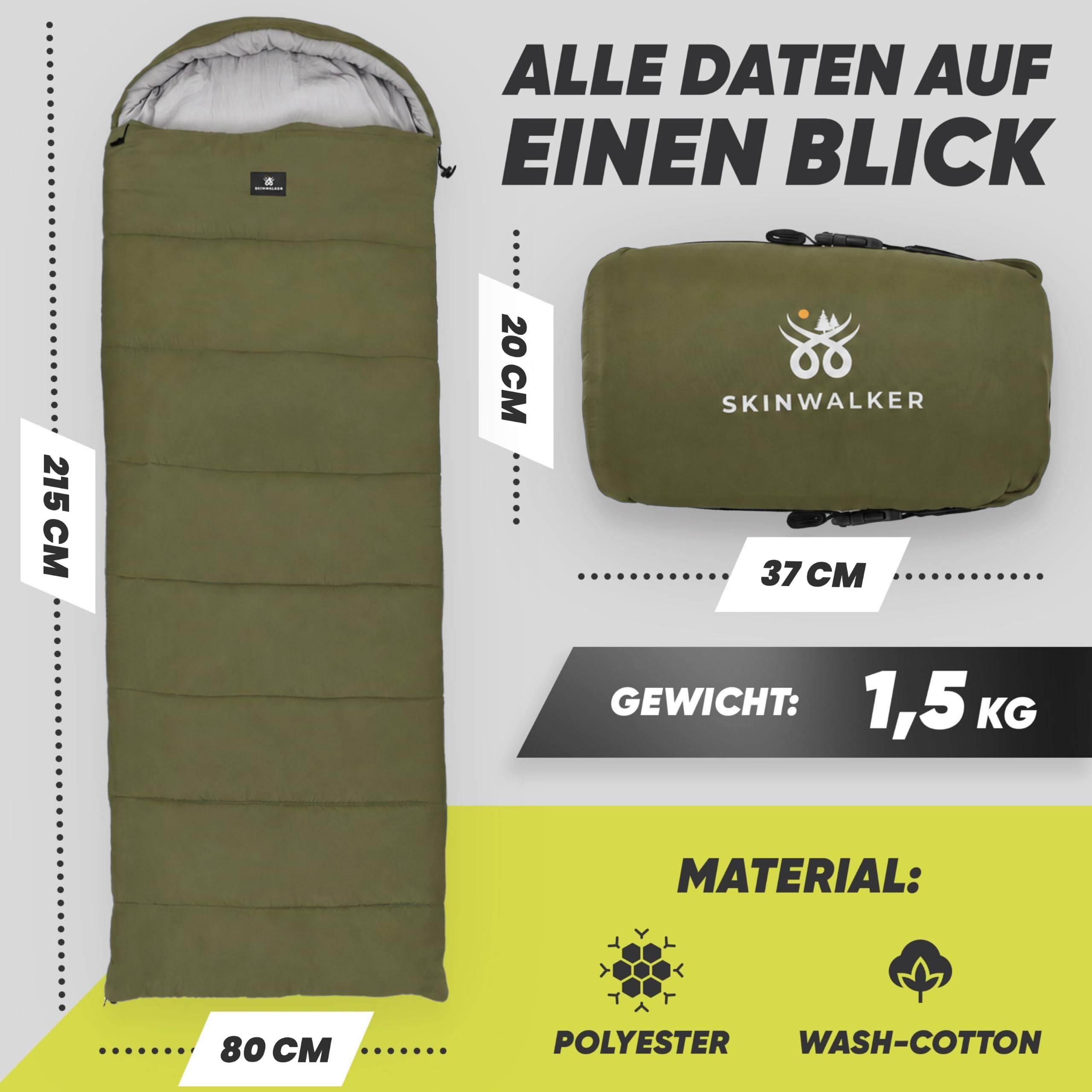 SkinWalker Schlafsack Erwachsene mit Anti-Rutsch Streifen, kleines Packmaß & Ultraleicht 1500g, 3 Jahreszeiten Deckenschlafsack, Schlafsäcke für Camping, Outdoor & Festivals