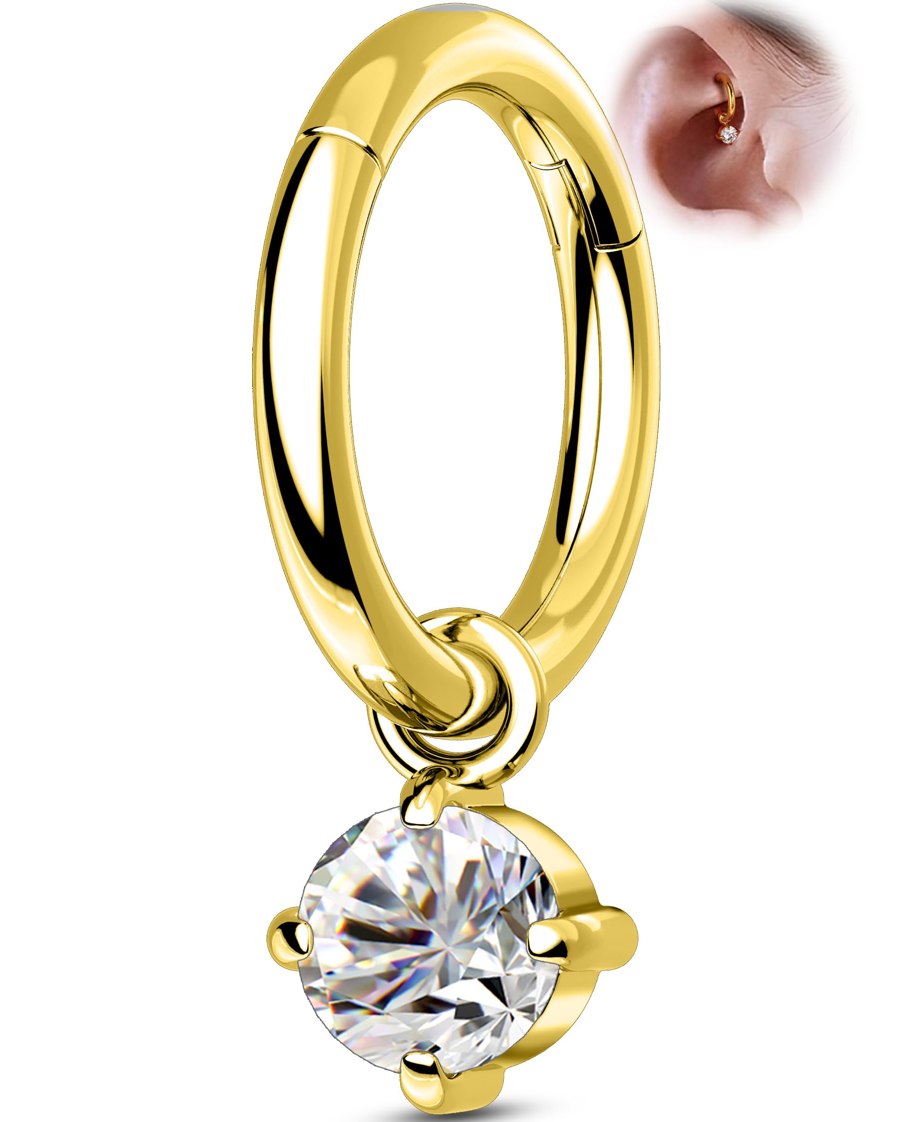 Helix Piercing Jewellery G23 Titanium Rook Piercing Ring Gold Cartilage Earrings Hoop Clear CZ Star Daith Clicker Dangly Helix Earring Hoop Rook Jewelry for Women 6 8 mm