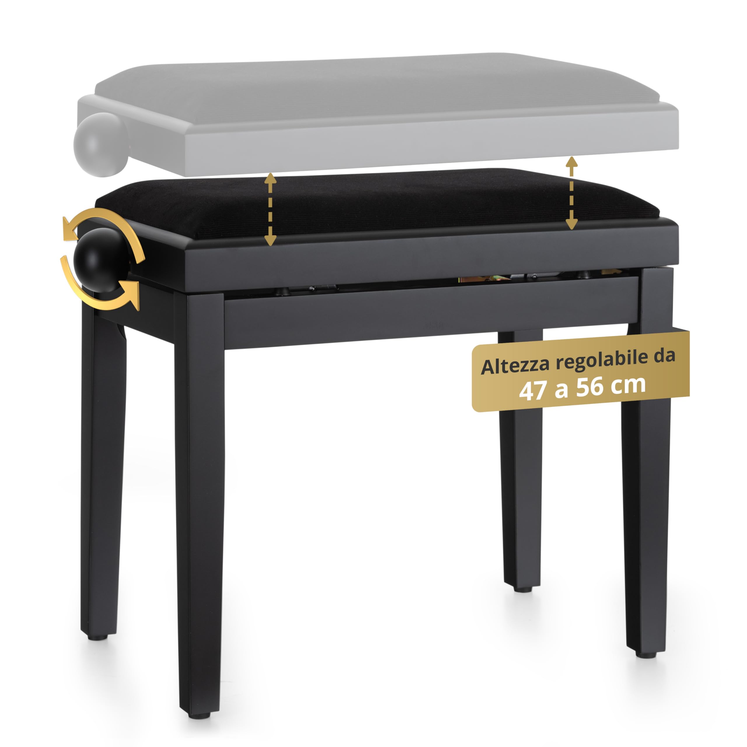 Classic Cantabile Panca per pianoforte nero opaco - Altezza regolabile da 47 a 56 cm - Sgabello con meccanismo a fuso - Seduta panchetta 55 x 32 cm - Sedia con rivestimento in velluto, stabile