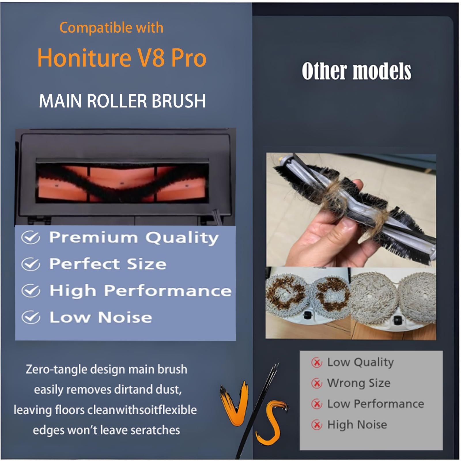 A main brush roller installed within a robot vacuum cleaner, contrasted with examples of other brush types, illustrating the specific design for the Honiture V8 Pro.