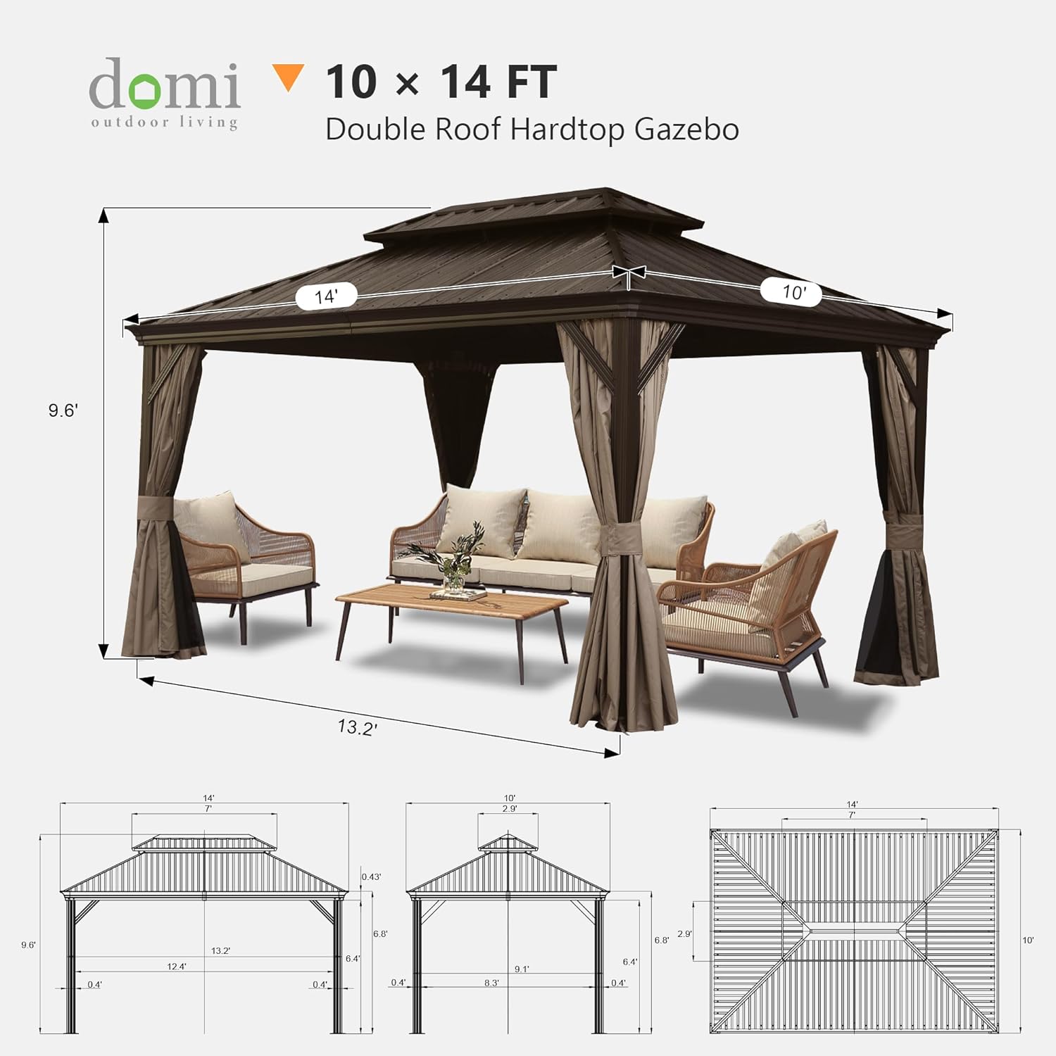 Domi 10’ x 14’ Outdoor Hardtop Gazebo, Upgraded Metal Gazebo with Galvanized Steel Double Roof, Heavy Duty Canopy Permanent Pavilion for Patio Lawn and Garden, Curtains and Netting Included, Brown