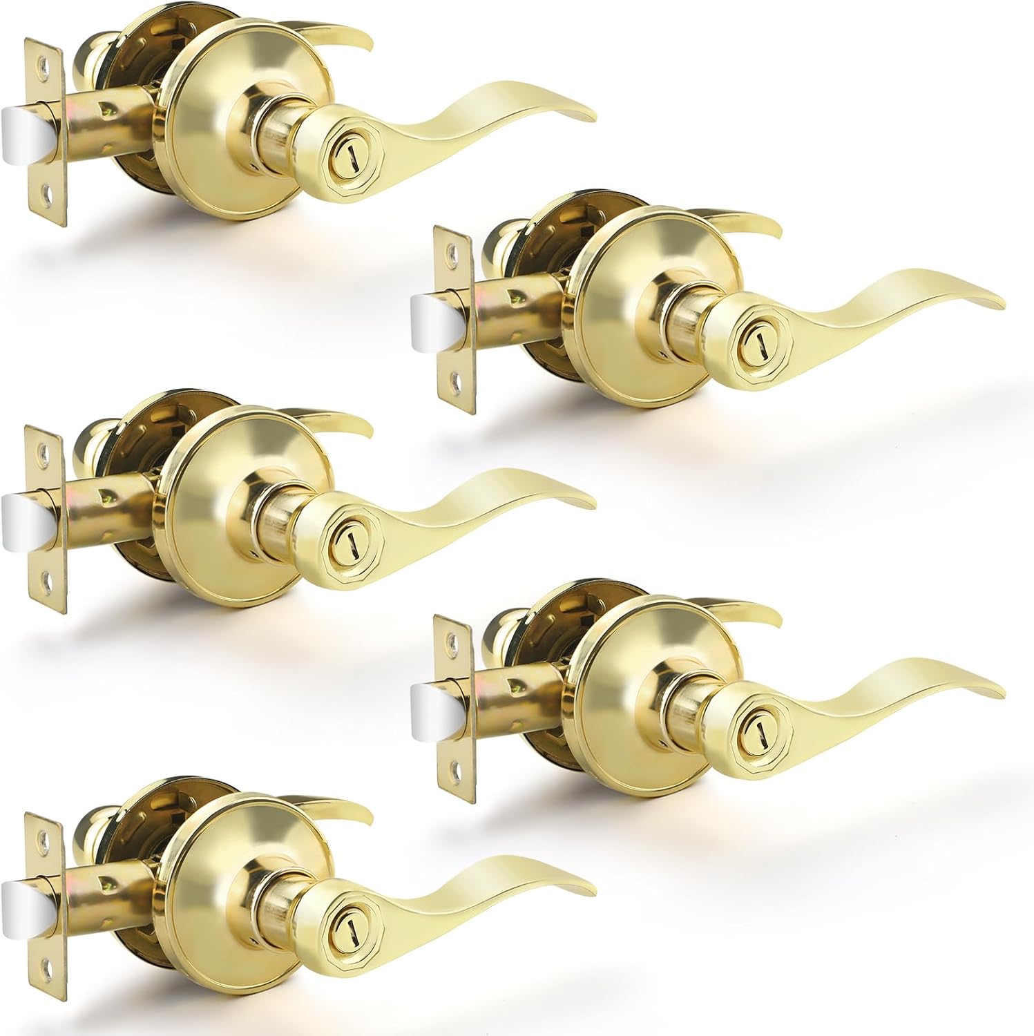 EHOMEWARE 5 Pack Polished Brass Door Handles, Privacy Door Levers Wave Style Handles Keyless Lock Bed Bath Door Lockset, 5 Pack 5 Pack Privacy Door Handle No Keys Polished Brass