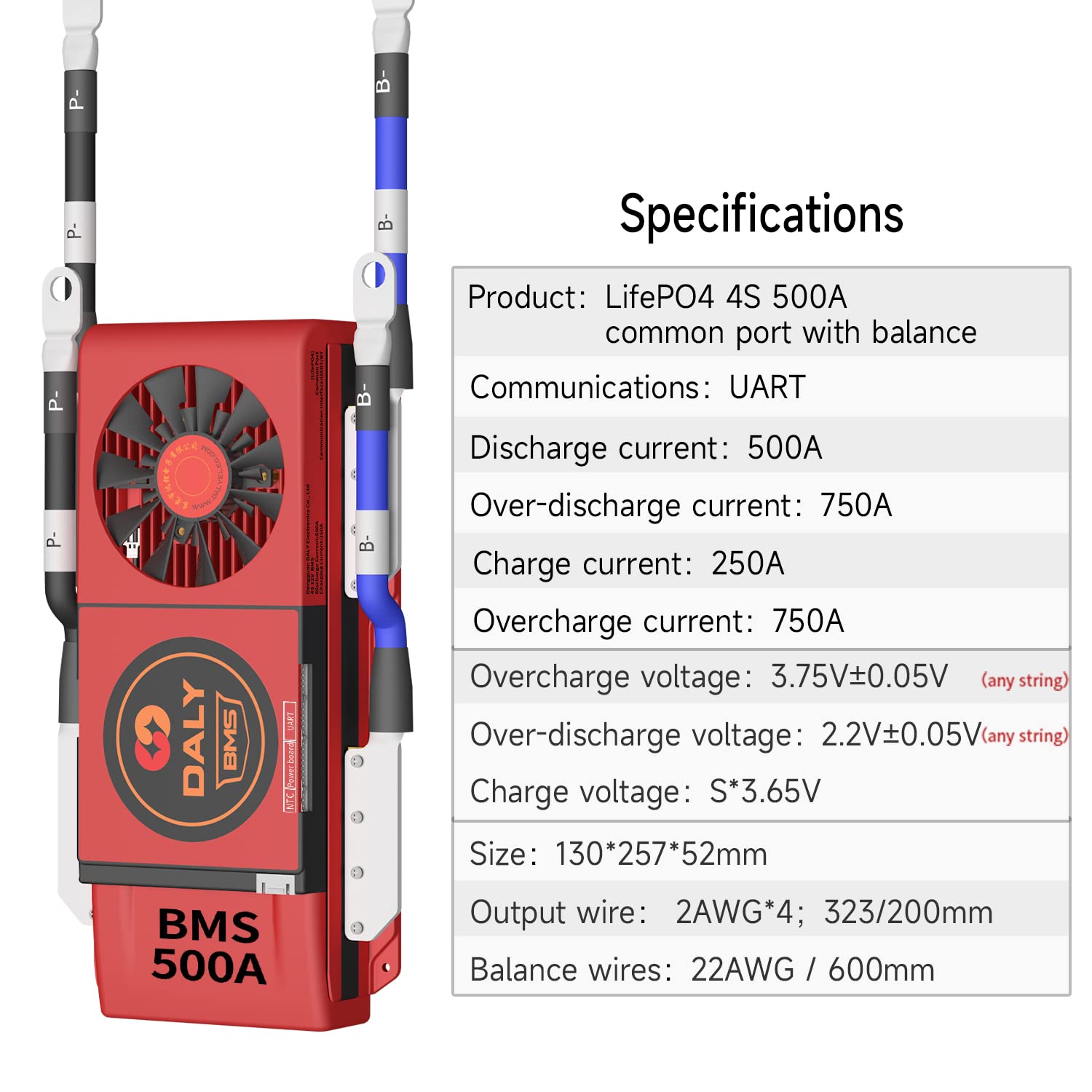 DALY Smart BMS LiFePo4 4S 12V 500A mit Lüfter, mit App zur Überwachung sichtbarer Daten, Bluetooth-Modul, UART-Kommunikation für die Verwaltung von 3,2-V-Lithiumbatterien